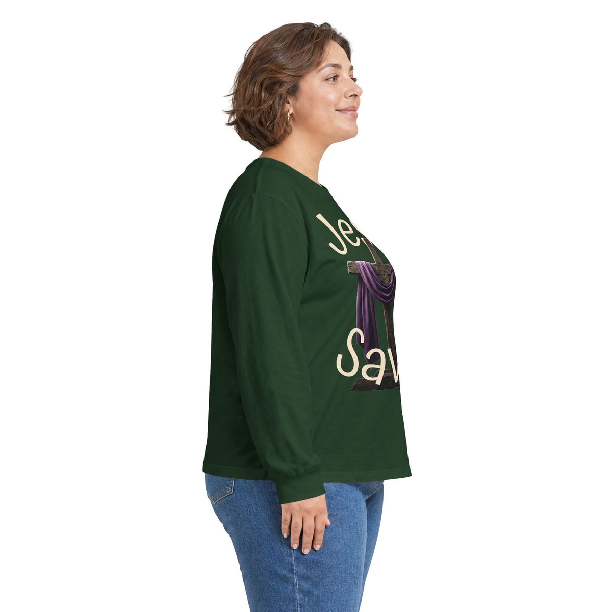 Jesus Saves with Cross image Long Sleeve T-shirt — 1 Cor. 15:3-4 Scripture