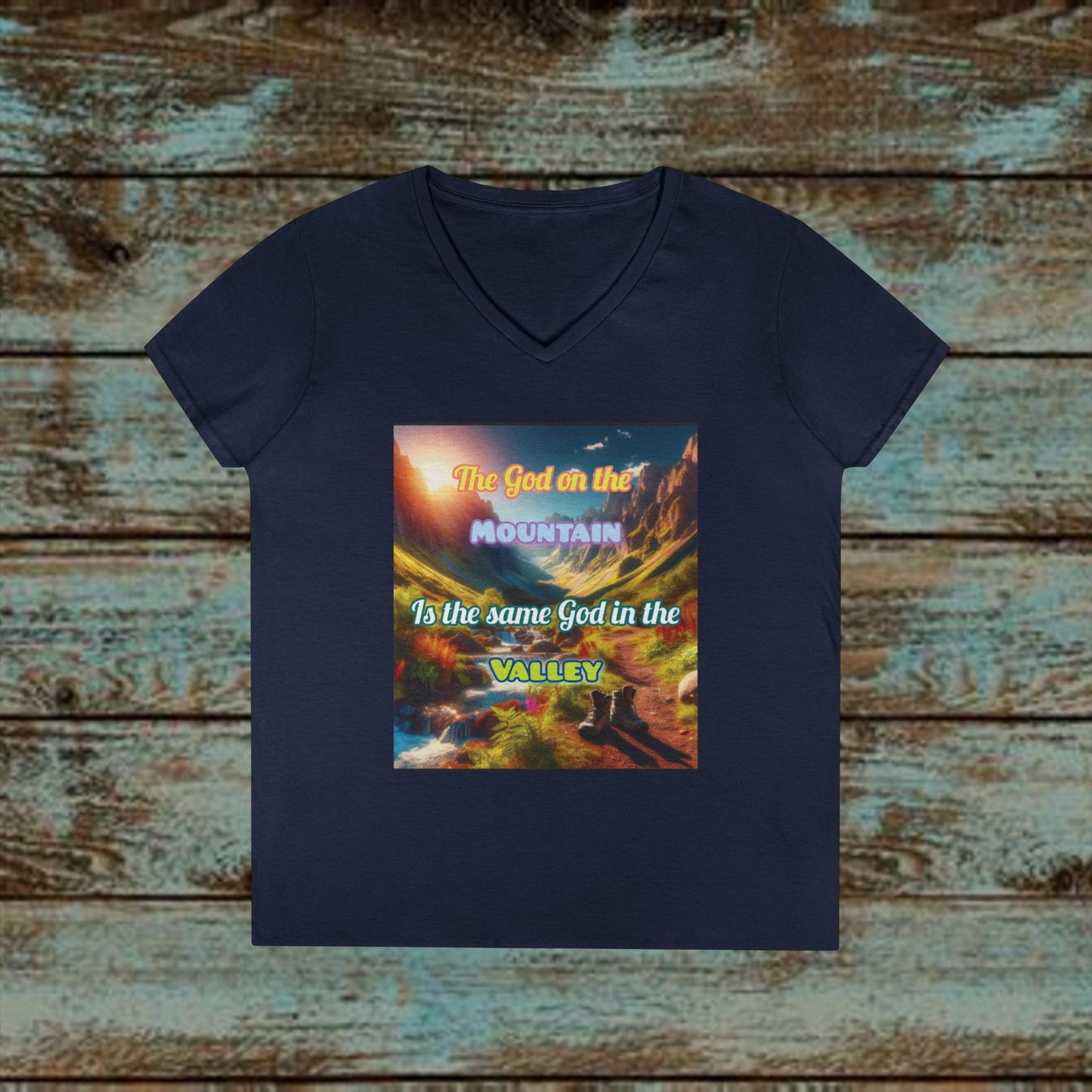 Biblical Ladies' V-Neck T-Shirt - God on the Mountain, Valley Design
