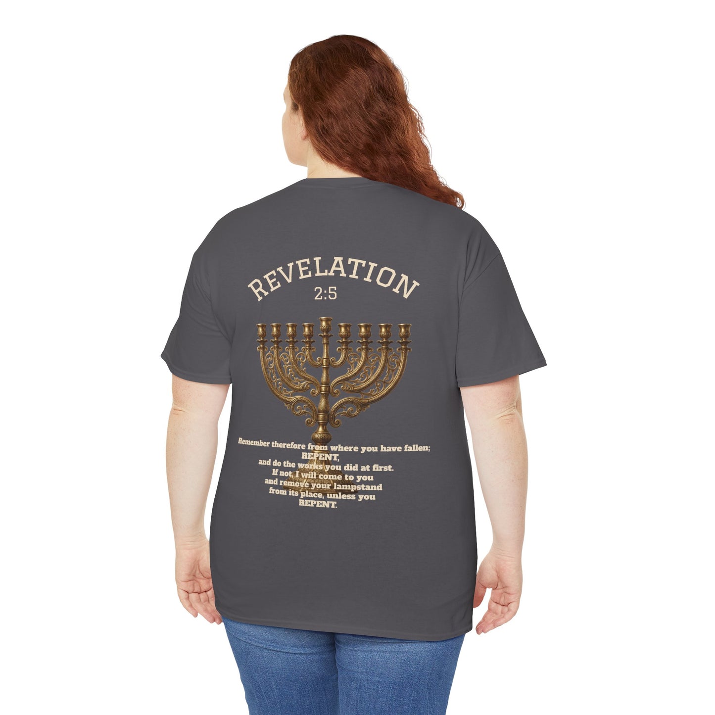 Rev 2:5 T-Shirt- Repentant Hearts Ministry Tee — RHM Logo & Menorah Back Print