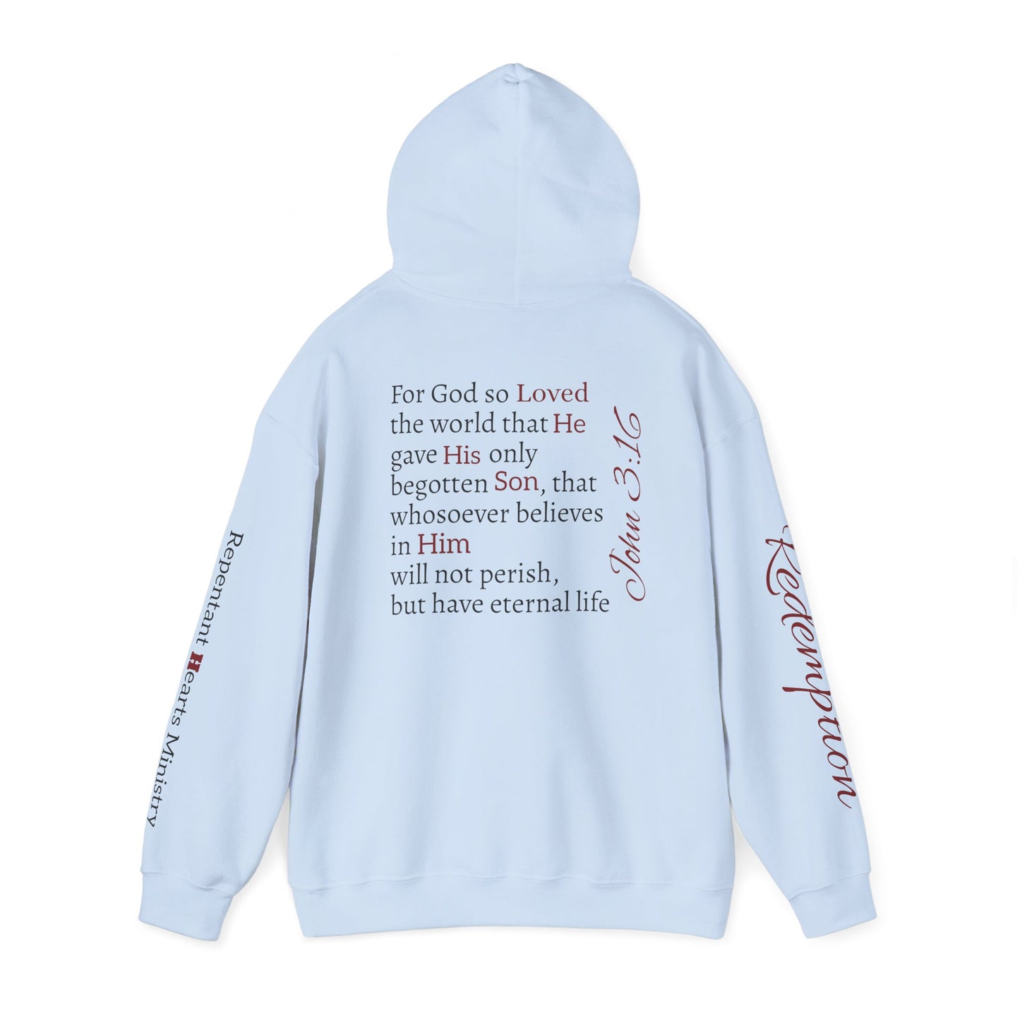 Redemption John 3:16 Hoodie — RHM Pullover with Scripture Back Print