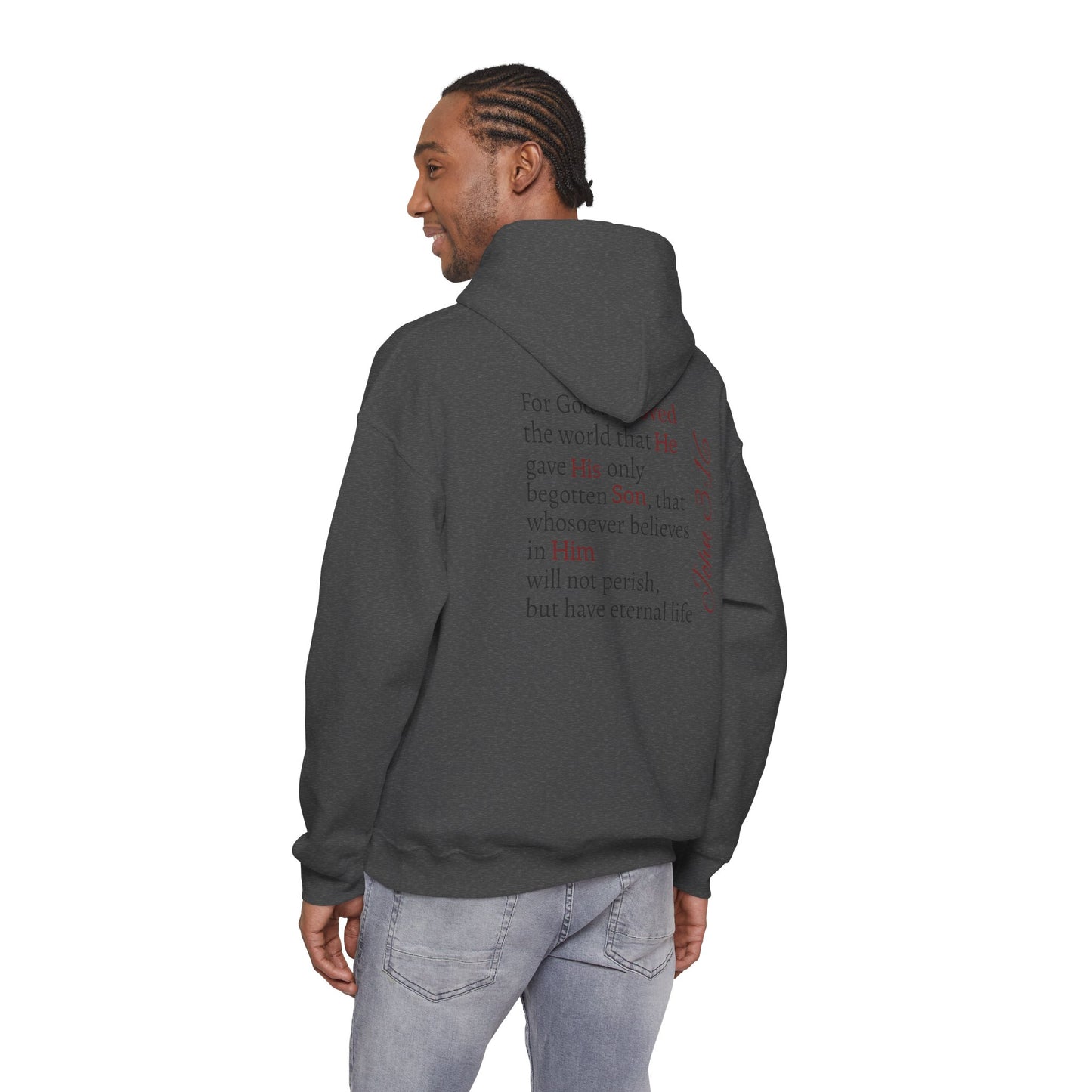 Redemption John 3:16 Hoodie — RHM Pullover with Scripture Back Print