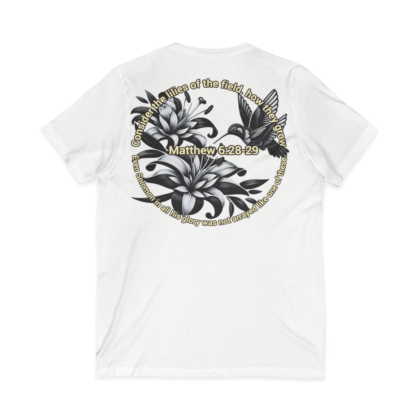 Biblical Women's V-Neck Tee - 'Lilies, Matthew 6:28-29' Graphic Tee