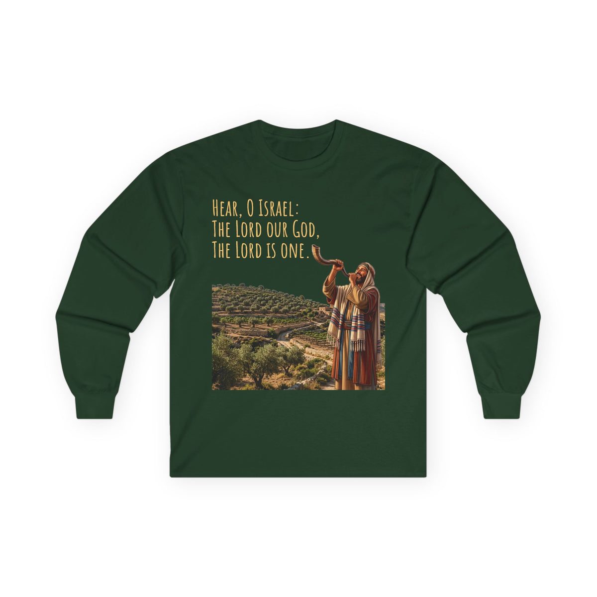 Shema Prayer: Hear, O Israel Long Sleeve T-shirt — Blowing the shofar