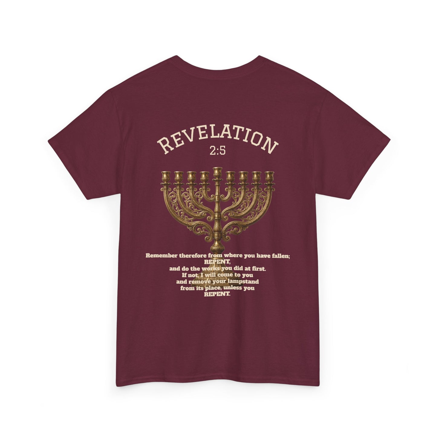 Rev 2:5 T-Shirt- Repentant Hearts Ministry Tee — RHM Logo & Menorah Back Print
