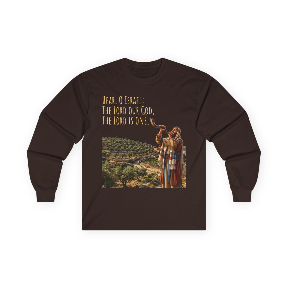 Shema Prayer: Hear, O Israel Long Sleeve T-shirt — Blowing the shofar