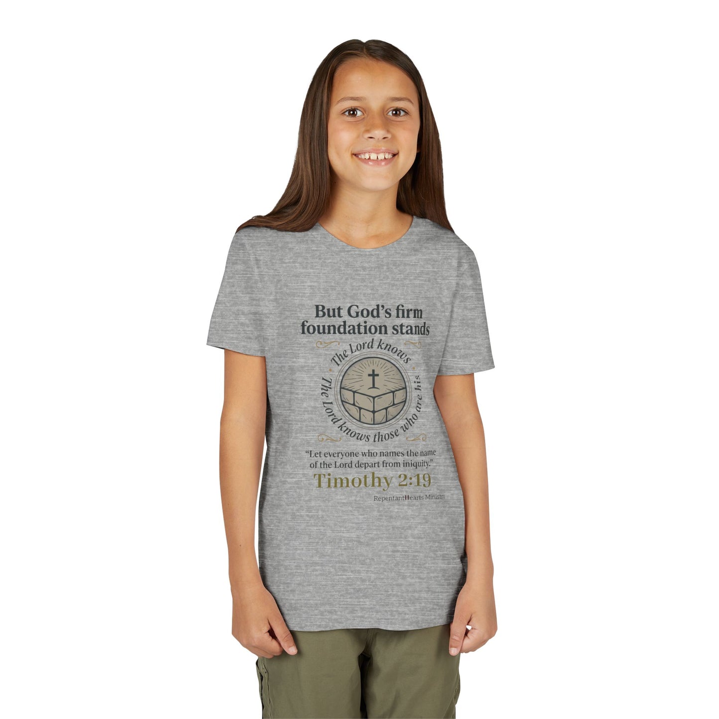 Youth Christian Tee Timothy 2:19 — "But God's Firm Foundation Stands" Scripture Shirt