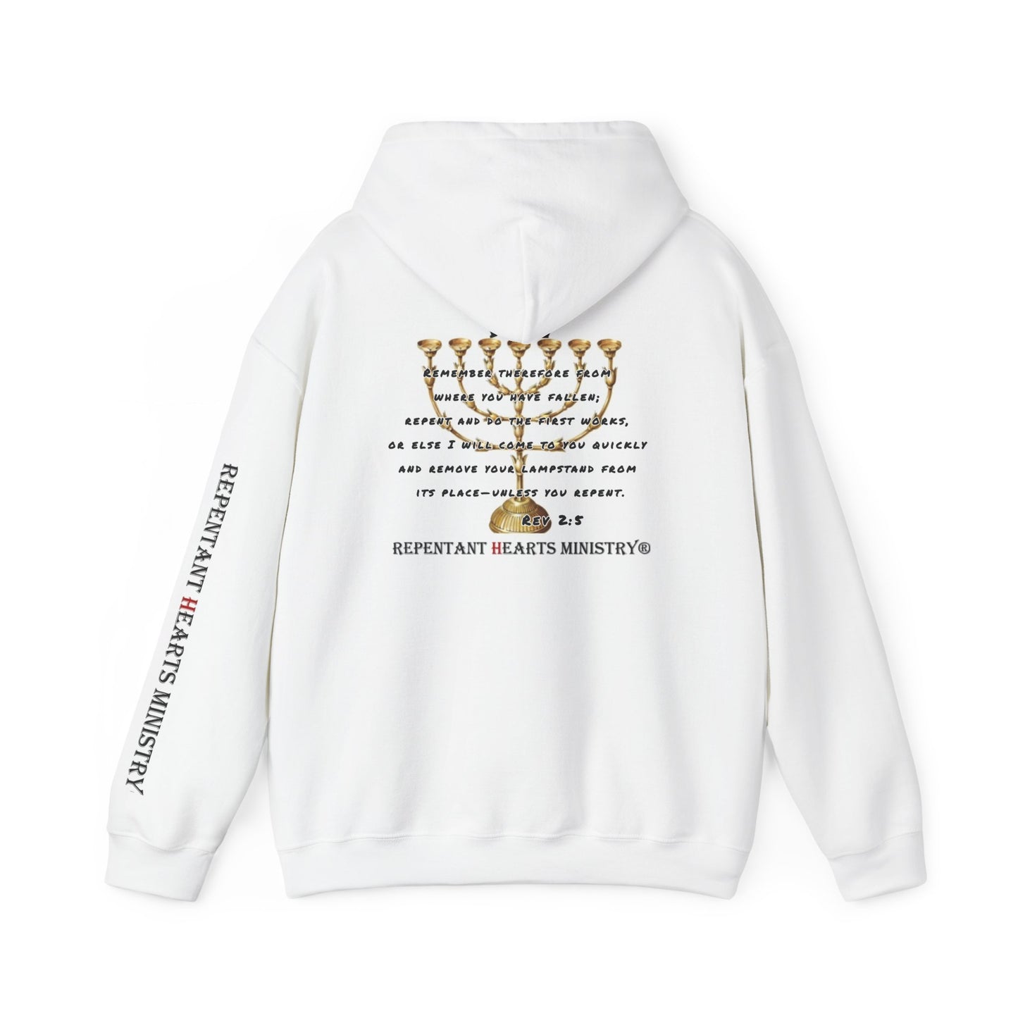 Rev 2:5- Hoodie-Repentant Hearts Ministry Hoodie — RHM Logo & Menorah Script Pullover