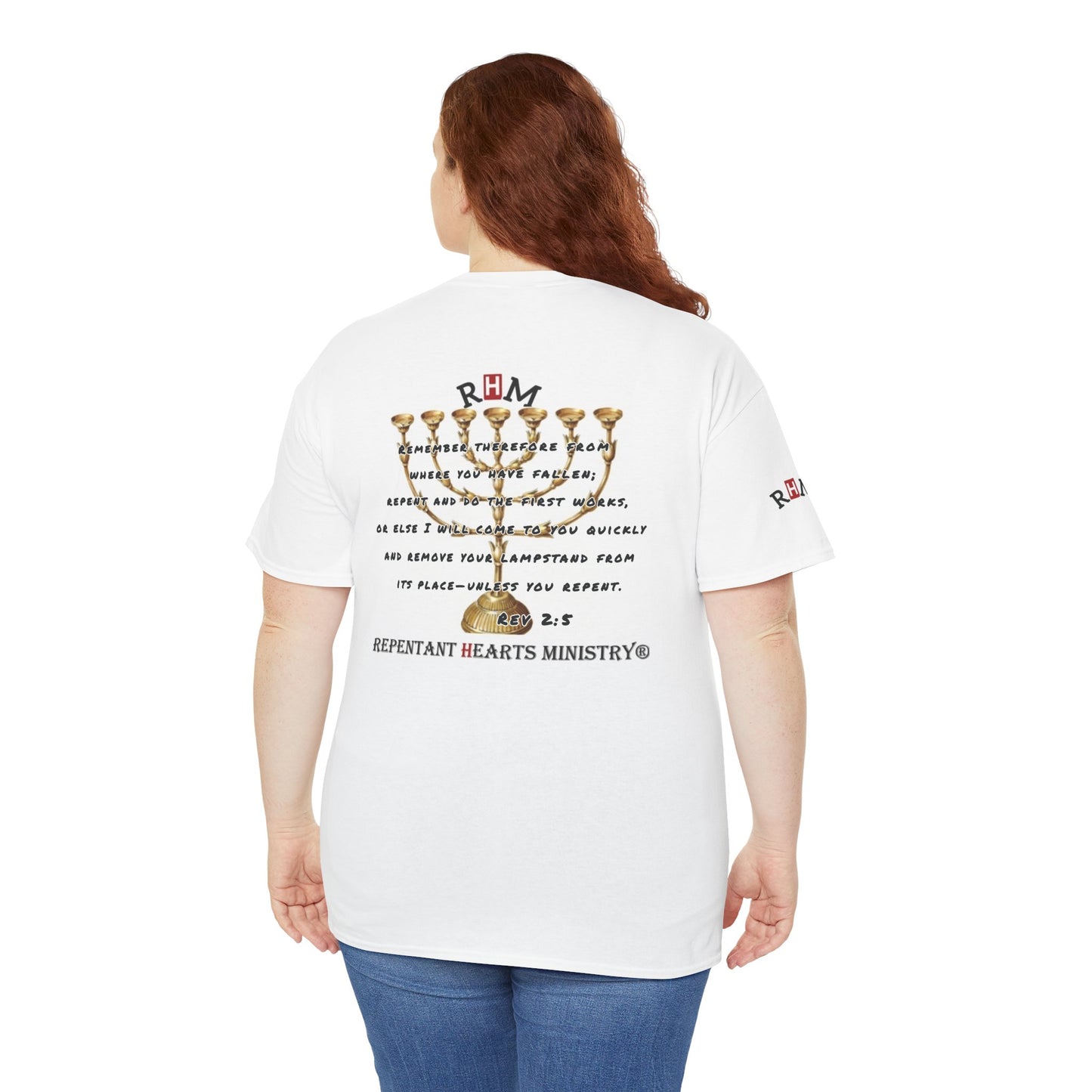 Rev 2:5 T-Shirt- Repentant Hearts Ministry Tee — RHM Logo & Menorah Back Print
