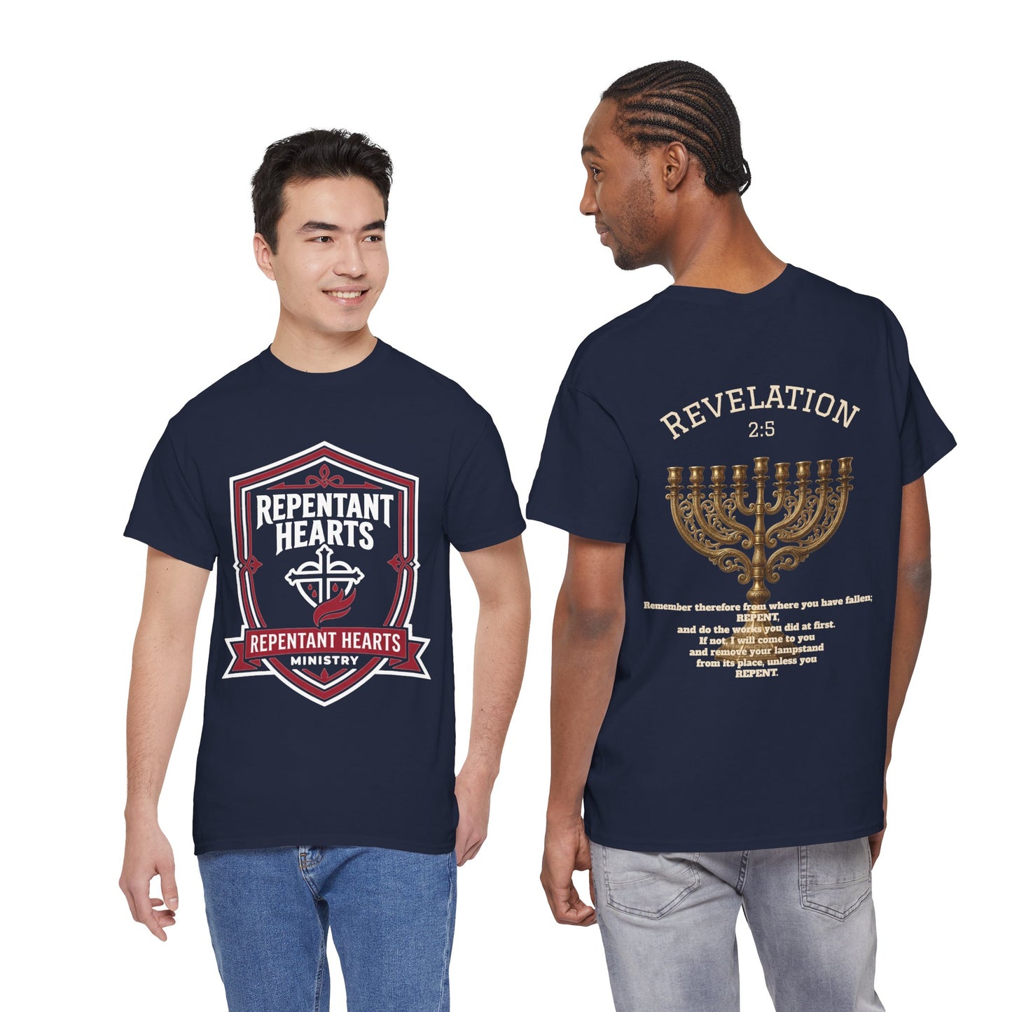 Rev 2:5 T-Shirt- Repentant Hearts Ministry Tee — RHM Logo & Menorah Back Print