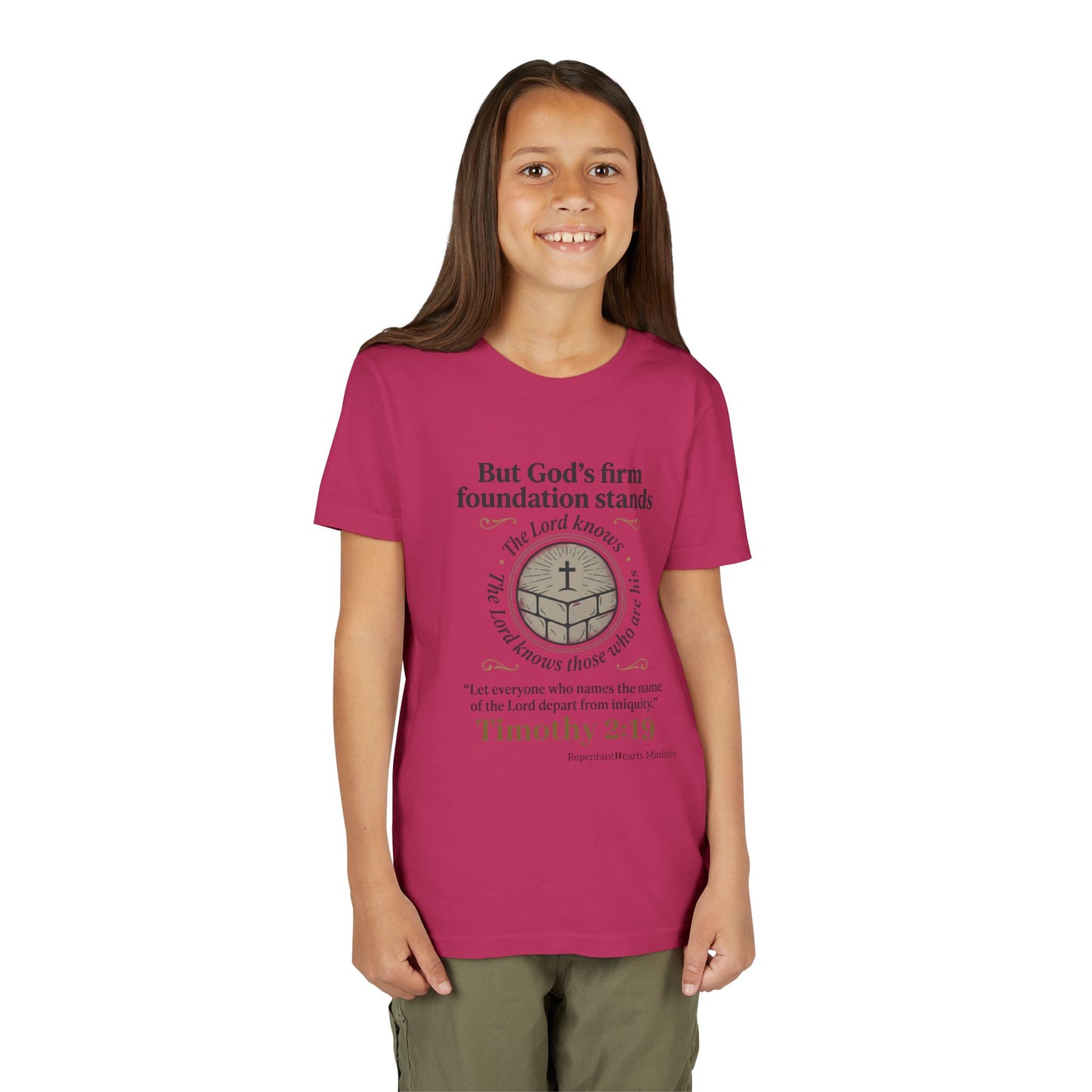 Youth Christian Tee Timothy 2:19 — "But God's Firm Foundation Stands" Scripture Shirt
