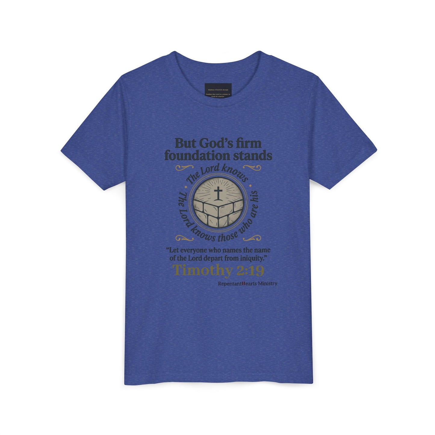 Youth Christian Tee Timothy 2:19 — "But God's Firm Foundation Stands" Scripture Shirt