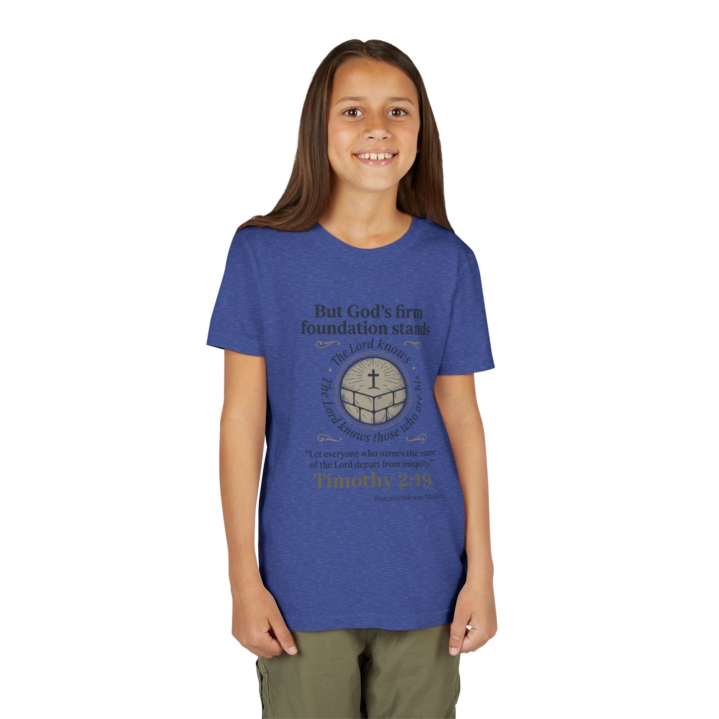 Youth Christian Tee Timothy 2:19 — "But God's Firm Foundation Stands" Scripture Shirt