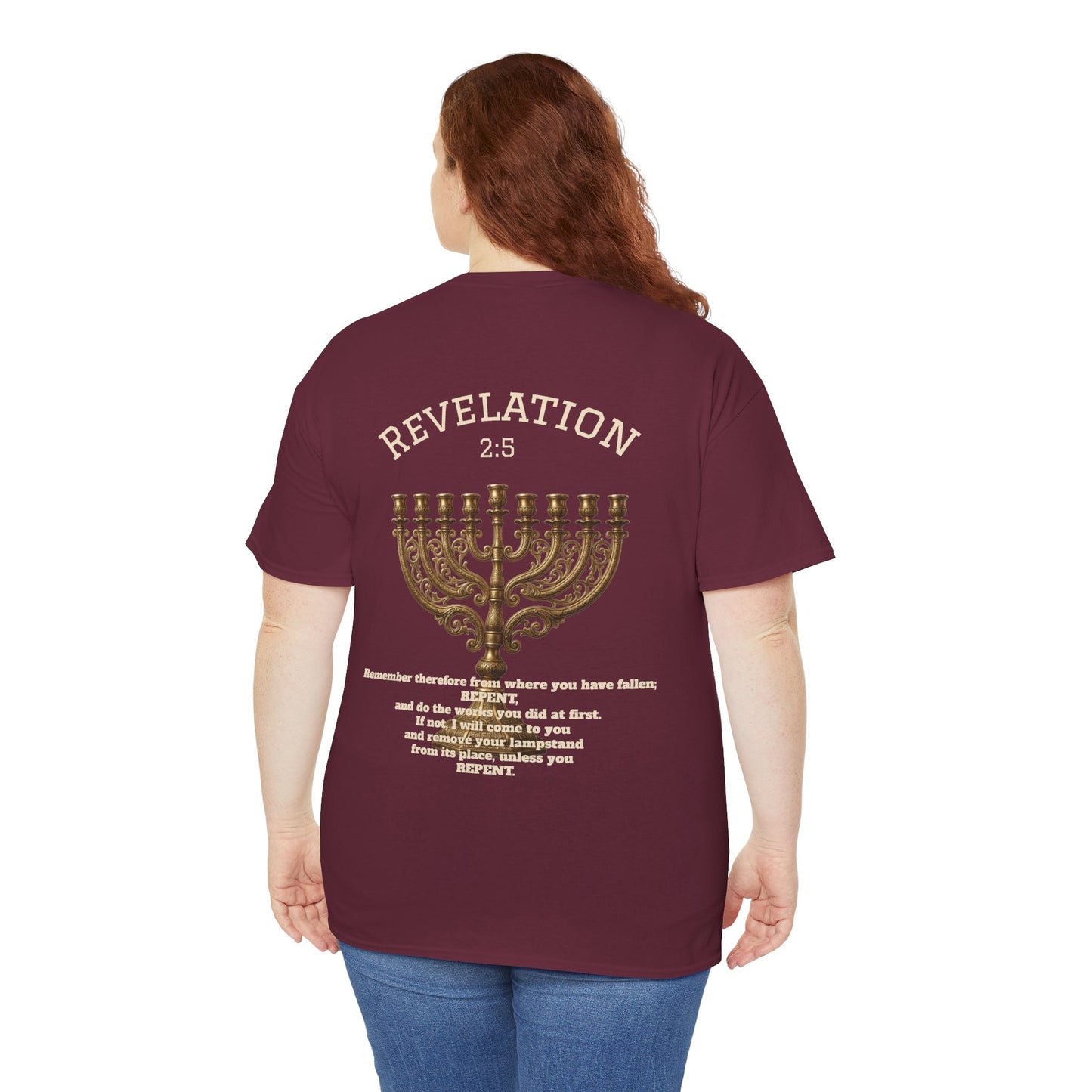 Rev 2:5 T-Shirt- Repentant Hearts Ministry Tee — RHM Logo & Menorah Back Print