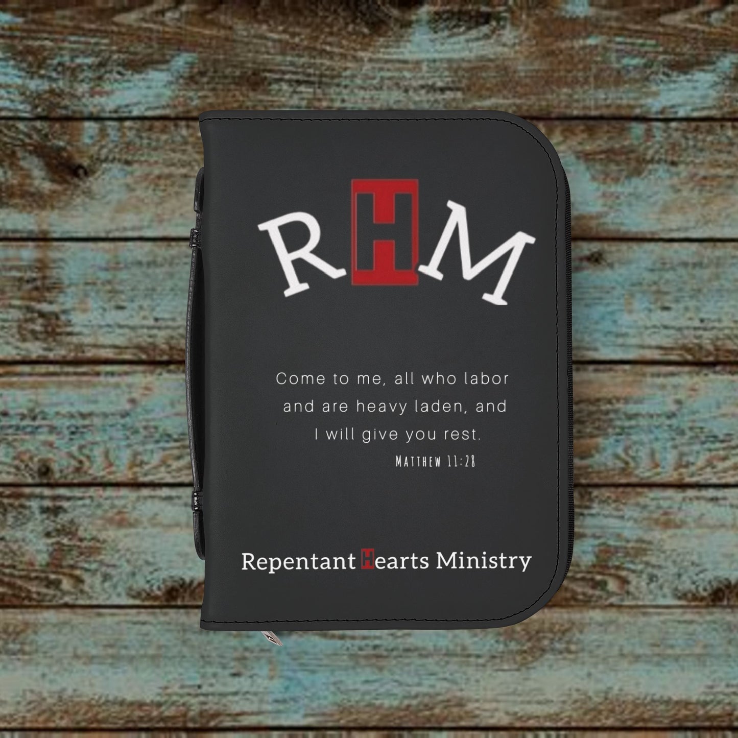 Bible Cover - Repentant Hearts Ministry Zippered Bible Case with RHM Logo & Matthew 11:28 Verse