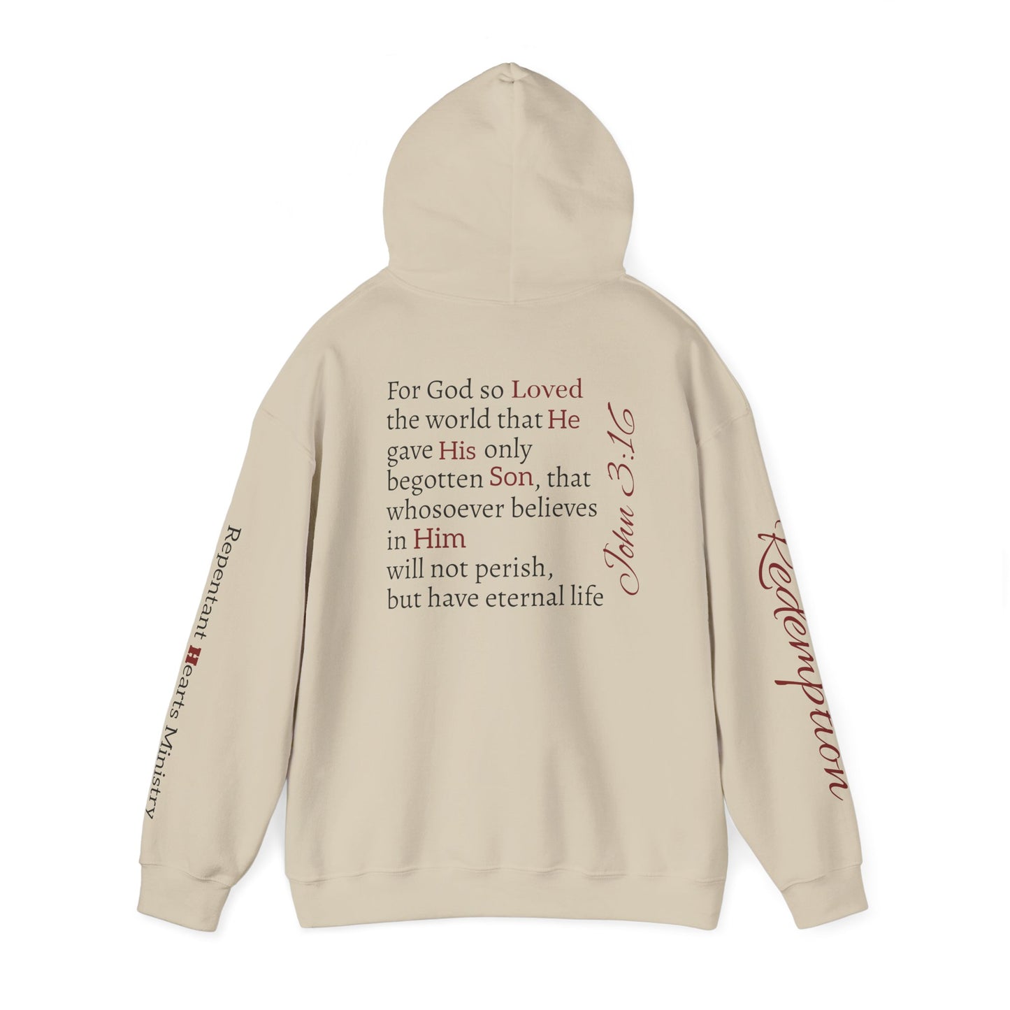 Redemption John 3:16 Hoodie — RHM Pullover with Scripture Back Print