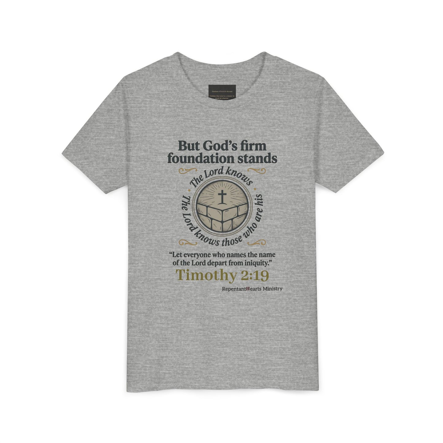 Youth Christian Tee Timothy 2:19 — "But God's Firm Foundation Stands" Scripture Shirt