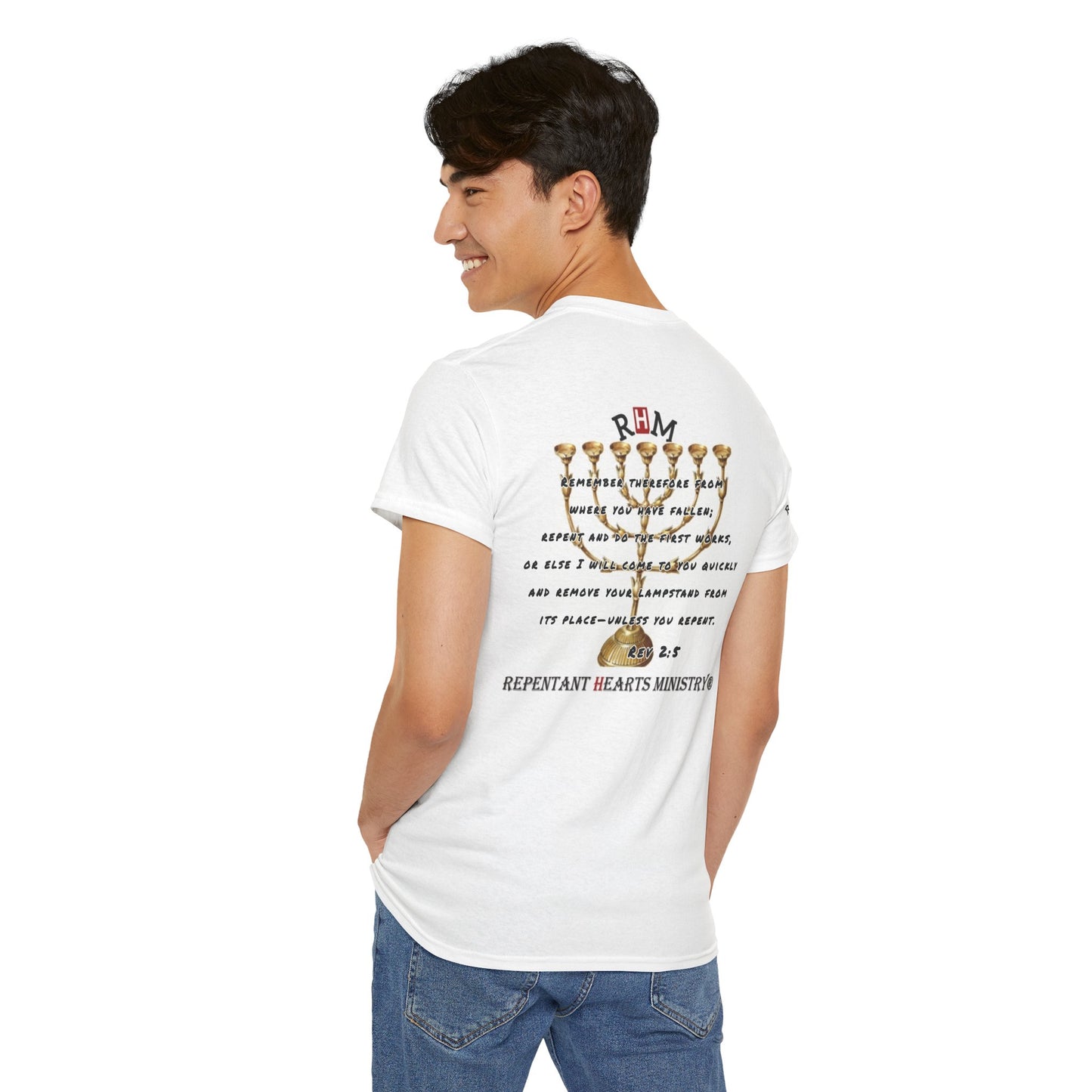 Rev 2:5 T-Shirt- Repentant Hearts Ministry Tee — RHM Logo & Menorah Back Print