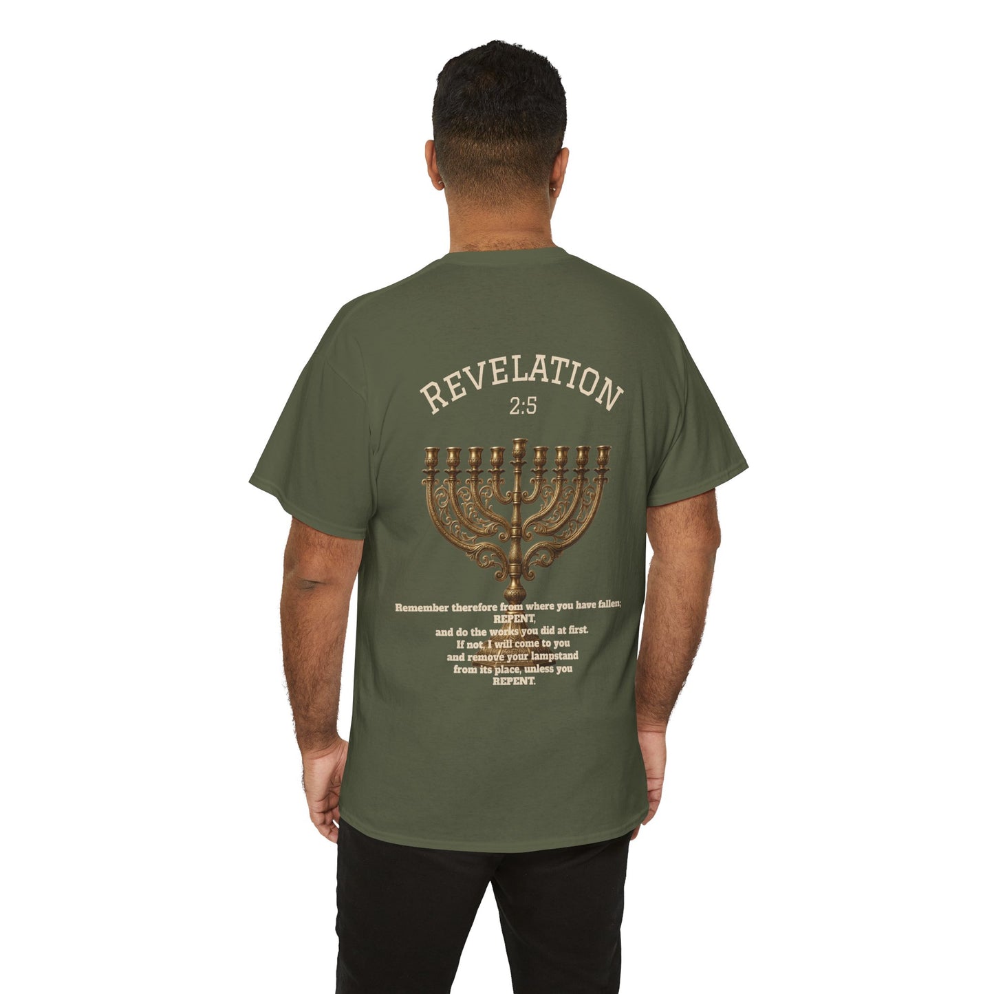 Rev 2:5 T-Shirt- Repentant Hearts Ministry Tee — RHM Logo & Menorah Back Print