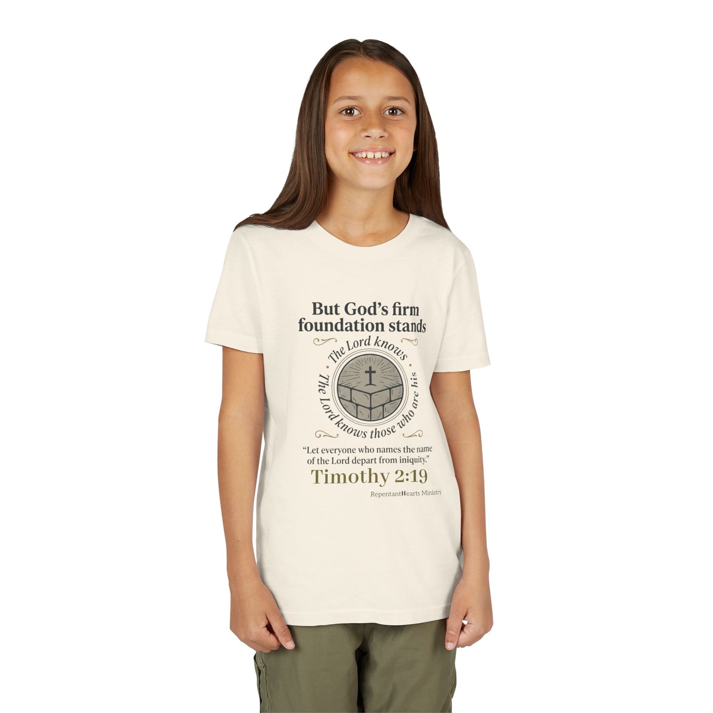 Youth Christian Tee Timothy 2:19 — "But God's Firm Foundation Stands" Scripture Shirt