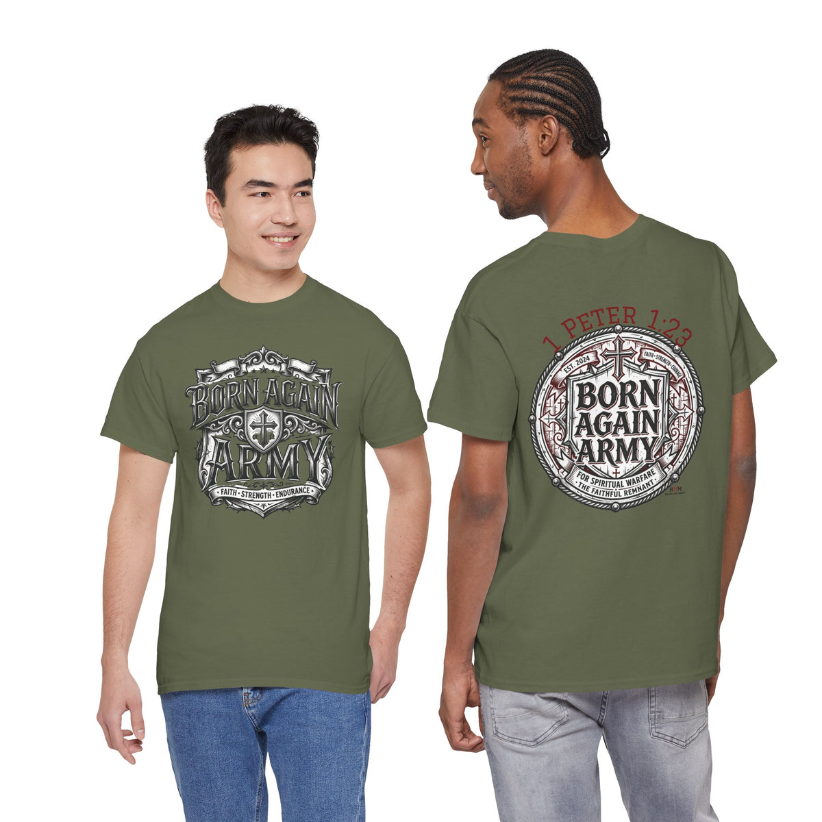 Born Again Army T-Shirt — Christian Faith Graphic Tee (1 Peter 1:23)