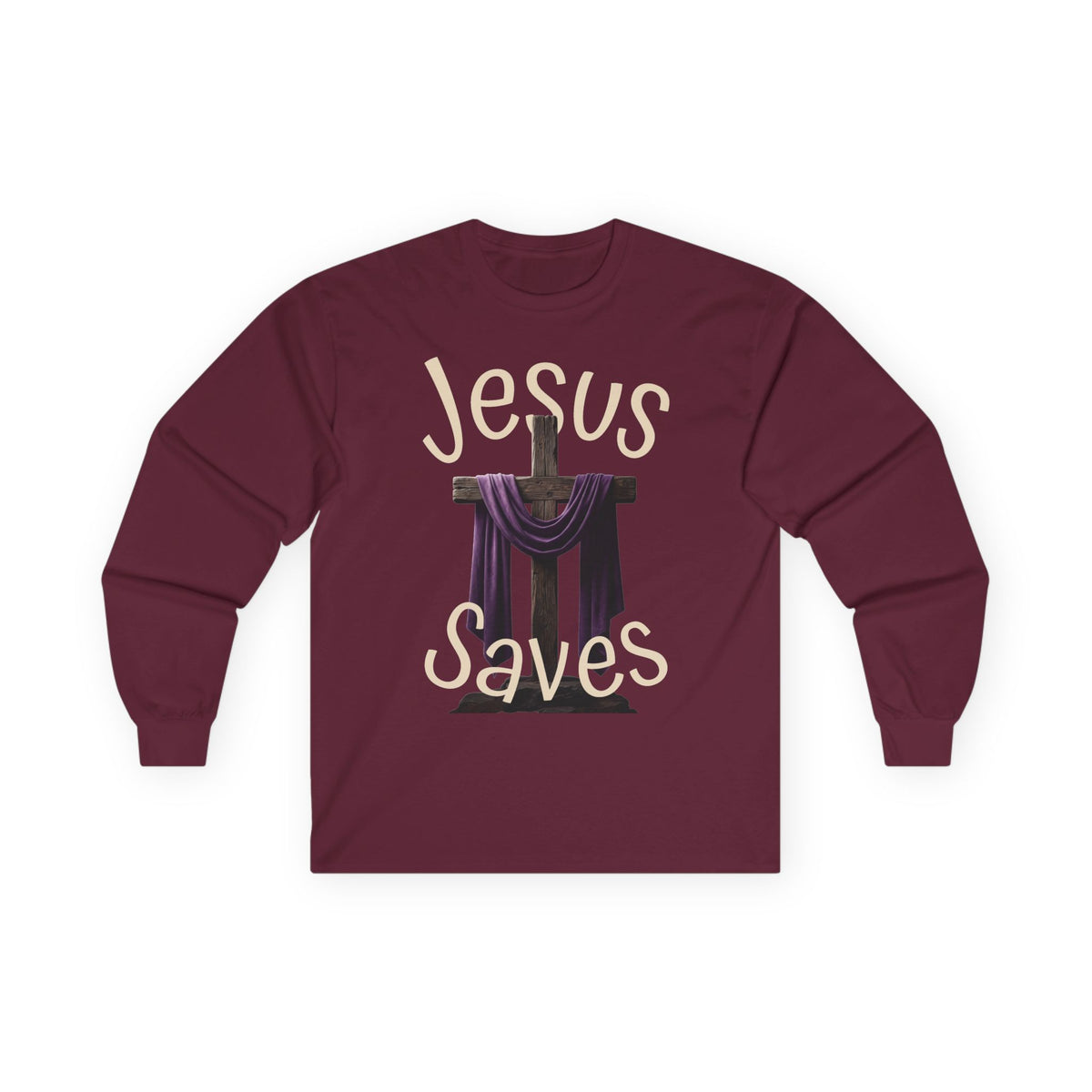Jesus Saves with Cross image Long Sleeve T-shirt — 1 Cor. 15:3-4 Scripture