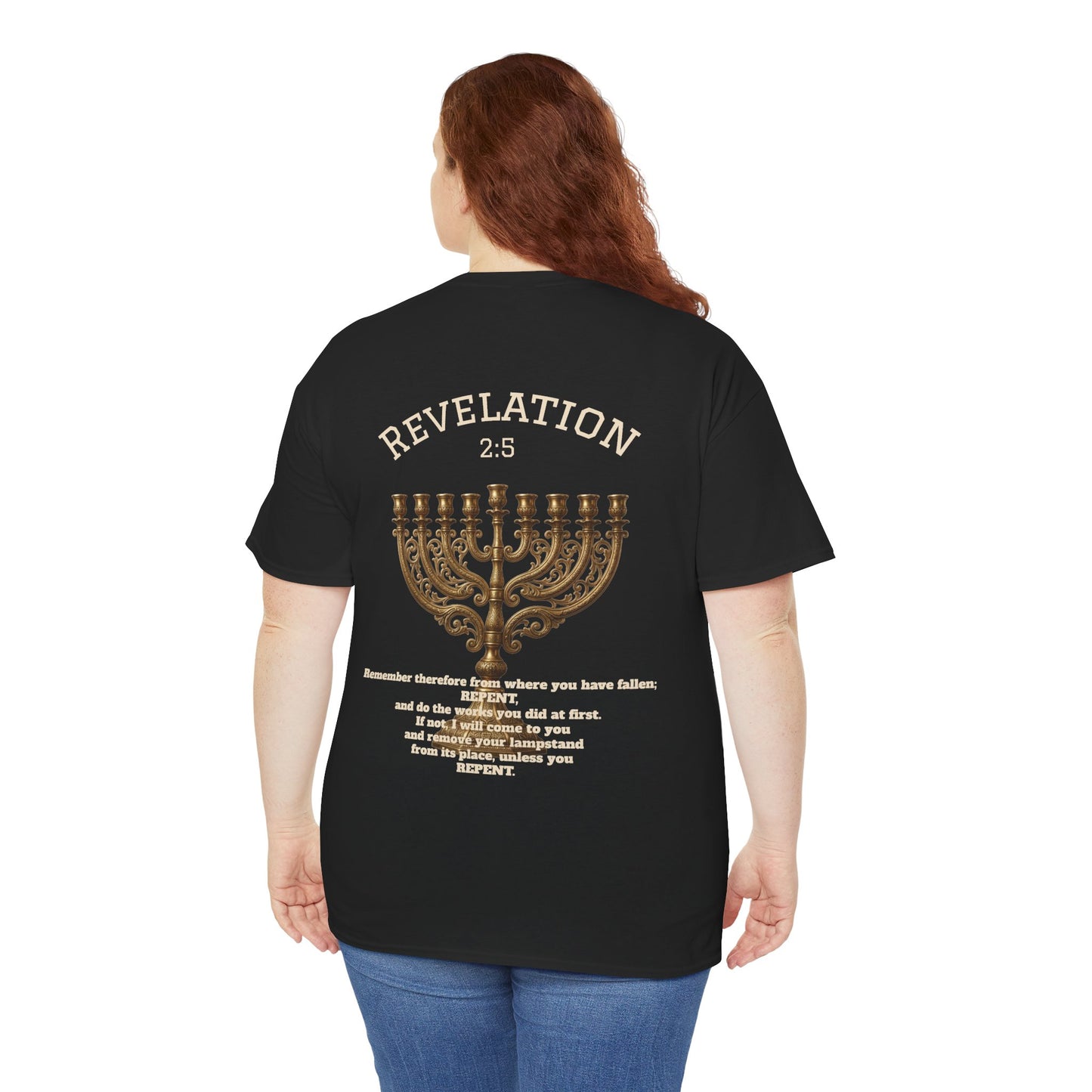Rev 2:5 T-Shirt- Repentant Hearts Ministry Tee — RHM Logo & Menorah Back Print