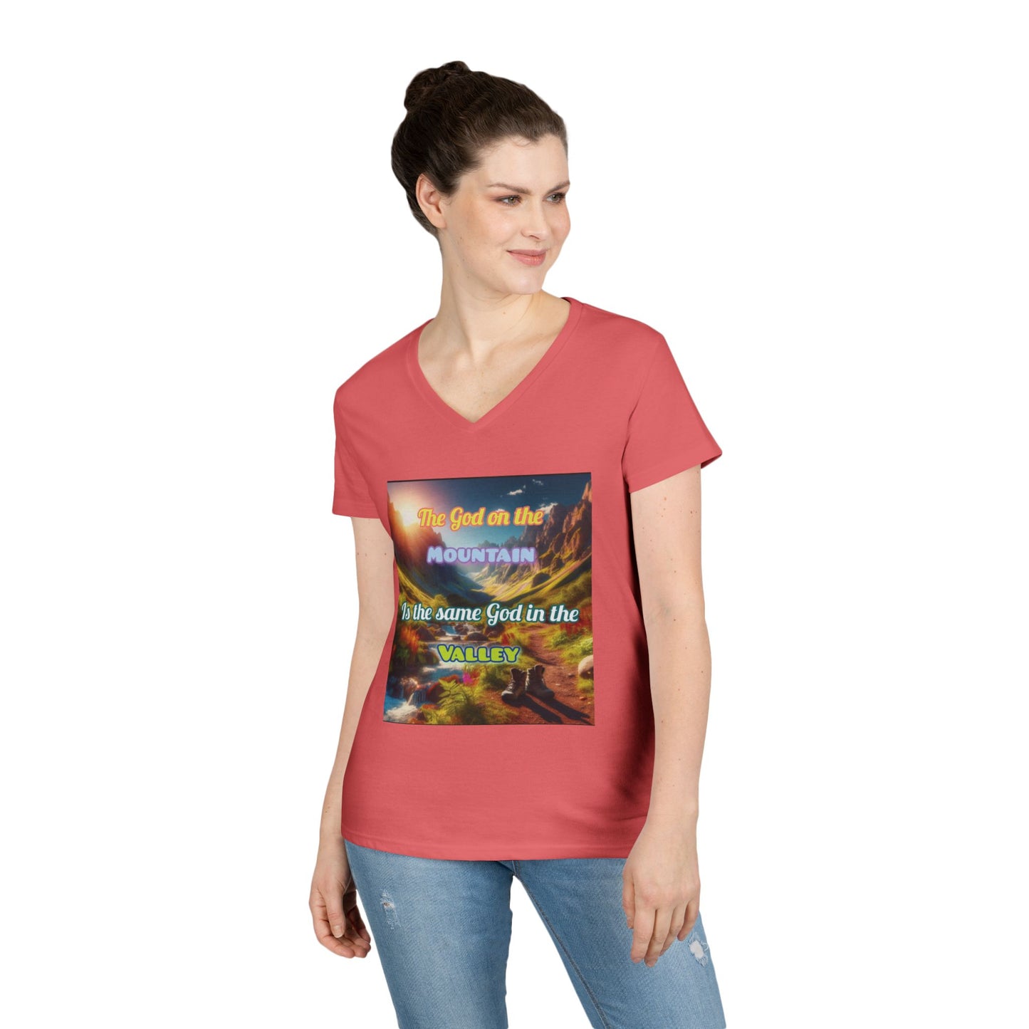 Biblical Ladies' V-Neck T-Shirt - God on the Mountain, Valley Design