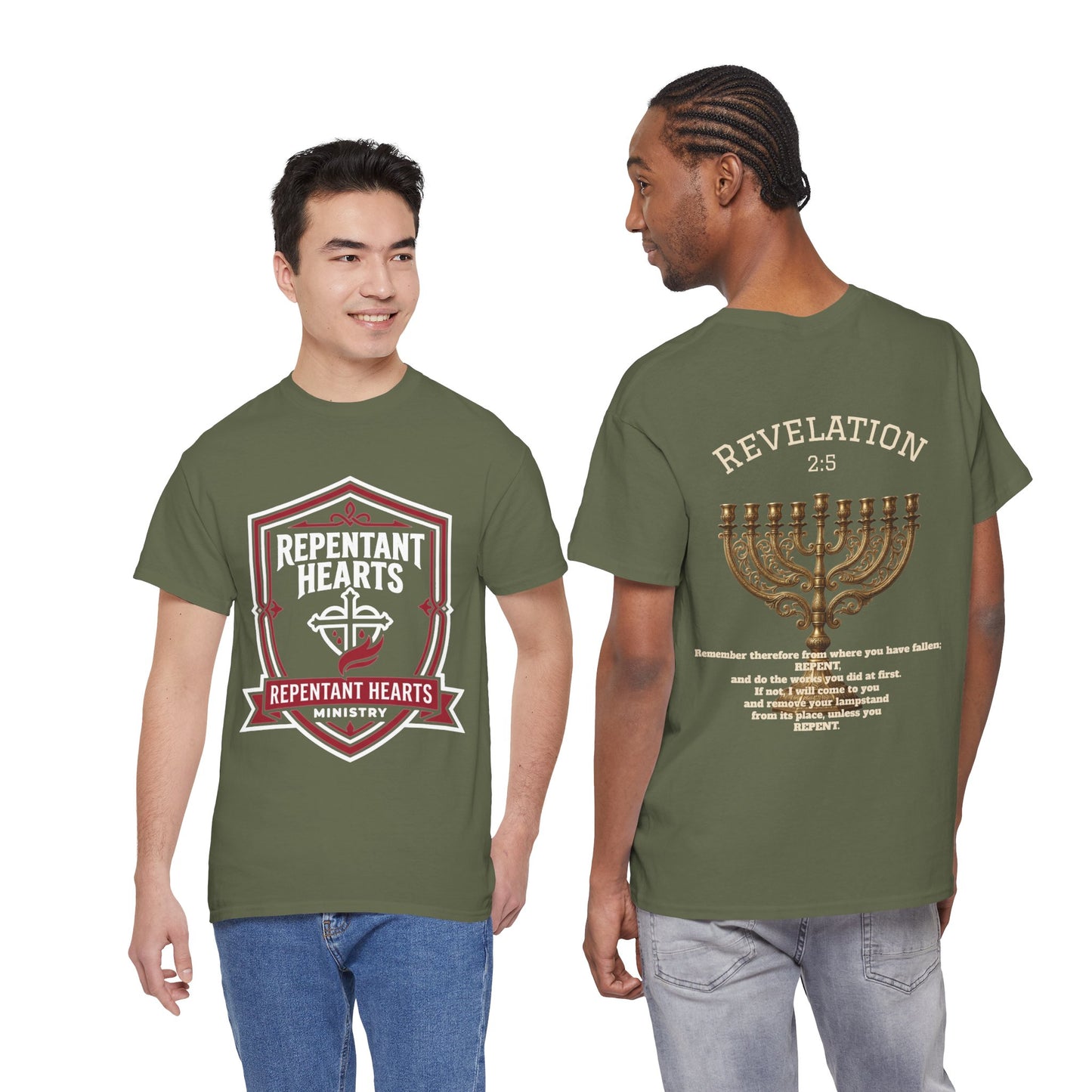 Rev 2:5 T-Shirt- Repentant Hearts Ministry Tee — RHM Logo & Menorah Back Print