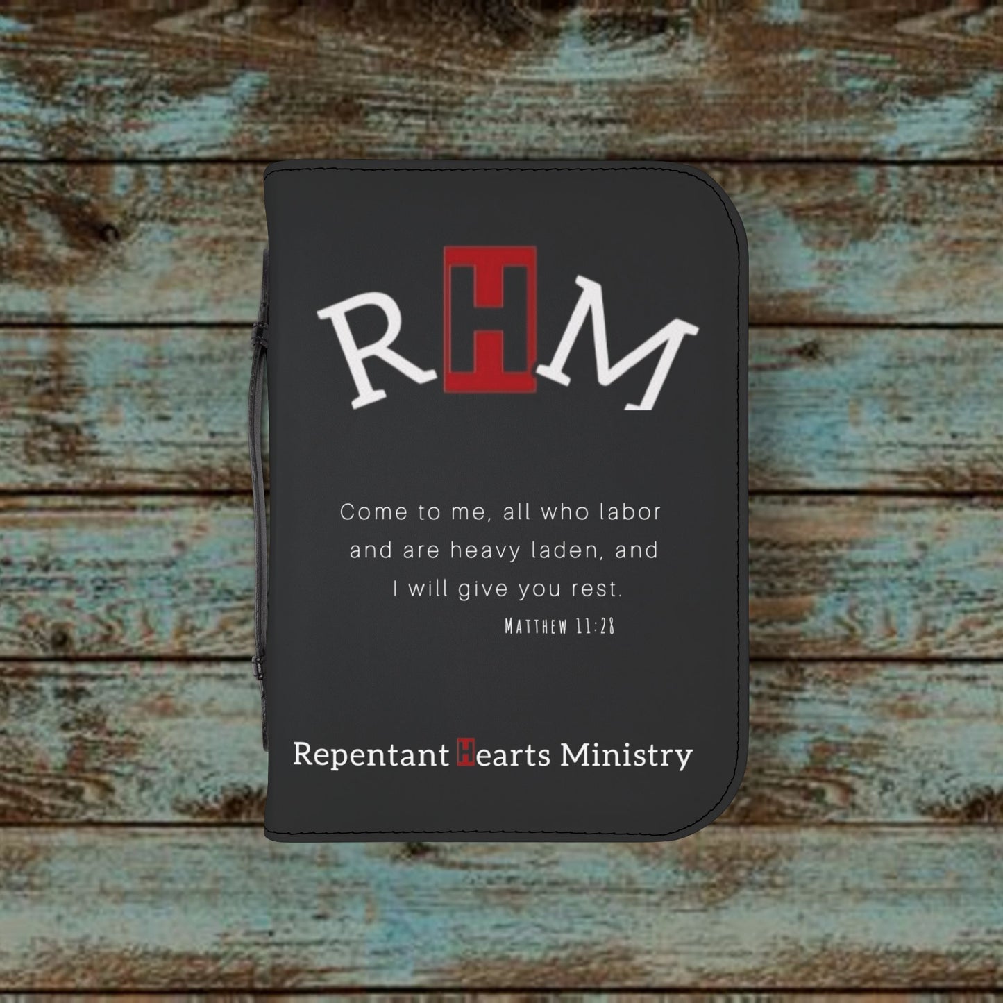 Bible Cover - Repentant Hearts Ministry Zippered Bible Case with RHM Logo & Matthew 11:28 Verse