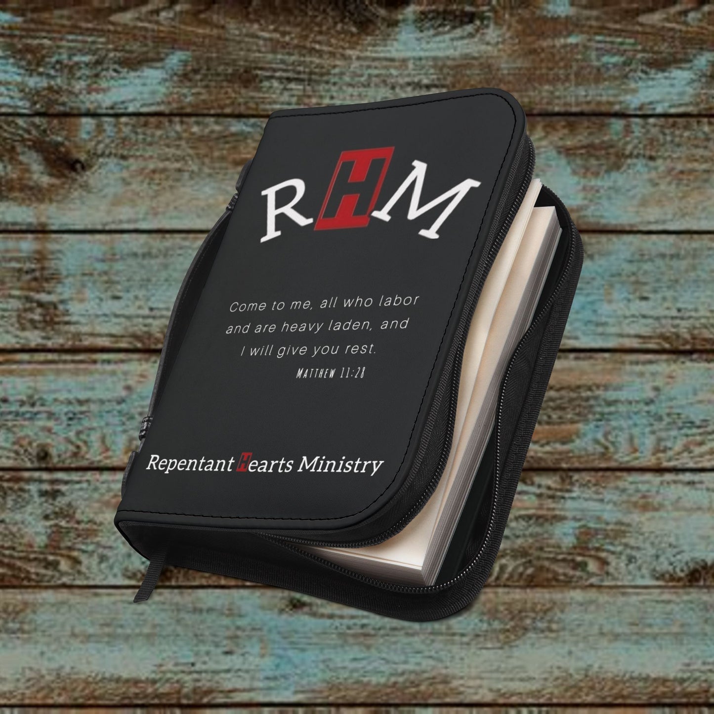 Bible Cover - Repentant Hearts Ministry Zippered Bible Case with RHM Logo & Matthew 11:28 Verse