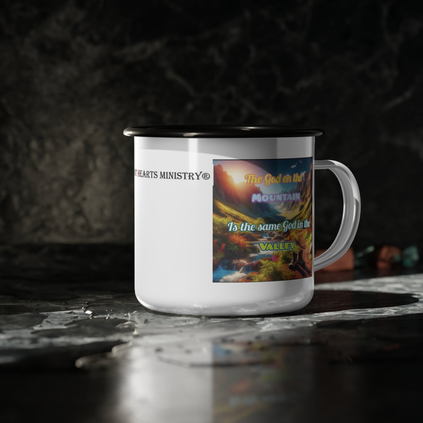 Cup Biblical Enamel Camp- "The God on the Mountain Is the Same God in the Valley"