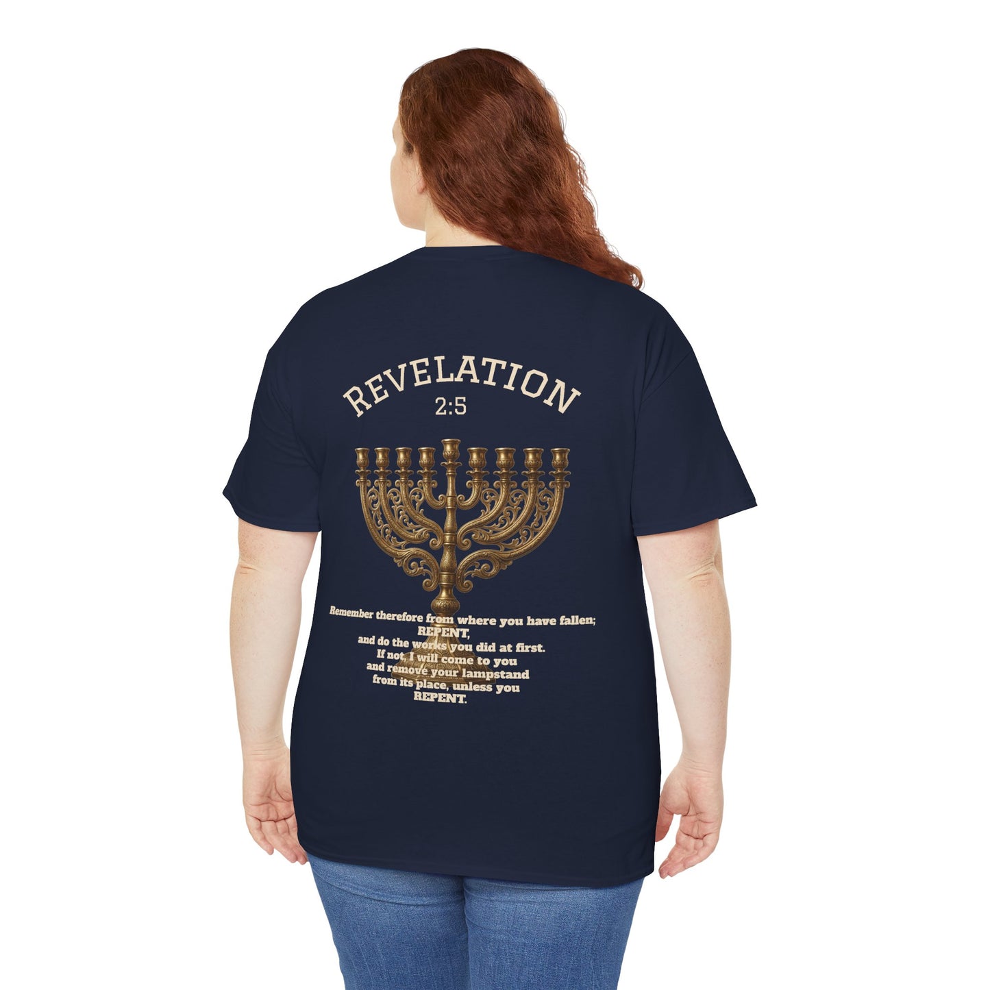 Rev 2:5 T-Shirt- Repentant Hearts Ministry Tee — RHM Logo & Menorah Back Print