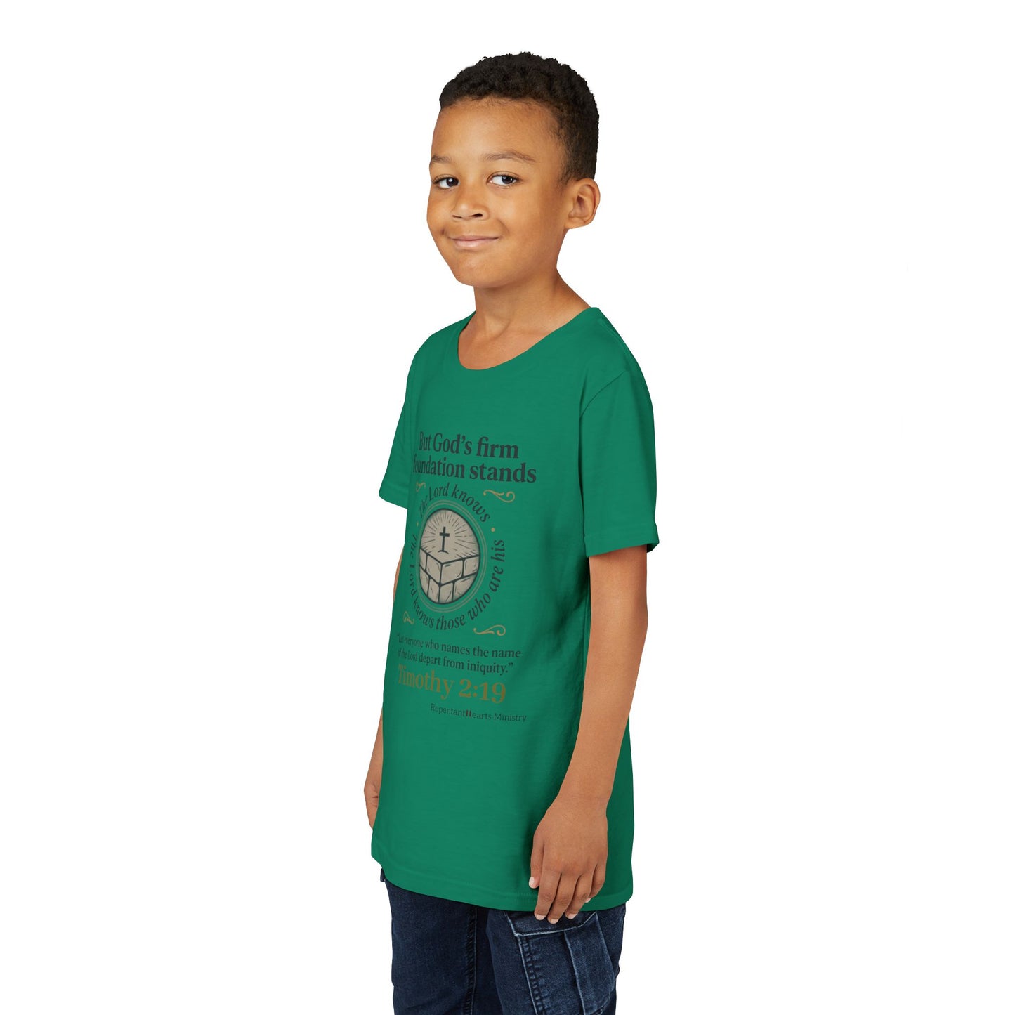 Youth Christian Tee Timothy 2:19 — "But God's Firm Foundation Stands" Scripture Shirt