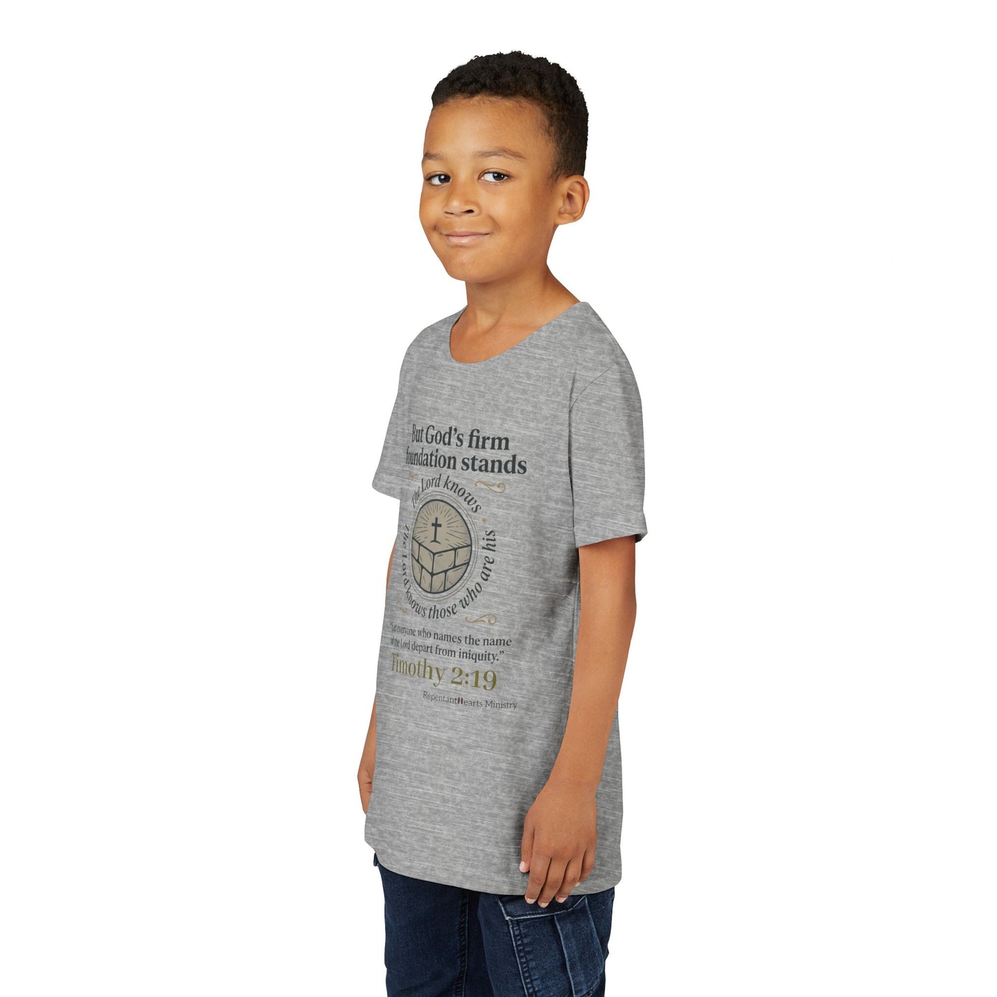 Youth Christian Tee Timothy 2:19 — "But God's Firm Foundation Stands" Scripture Shirt
