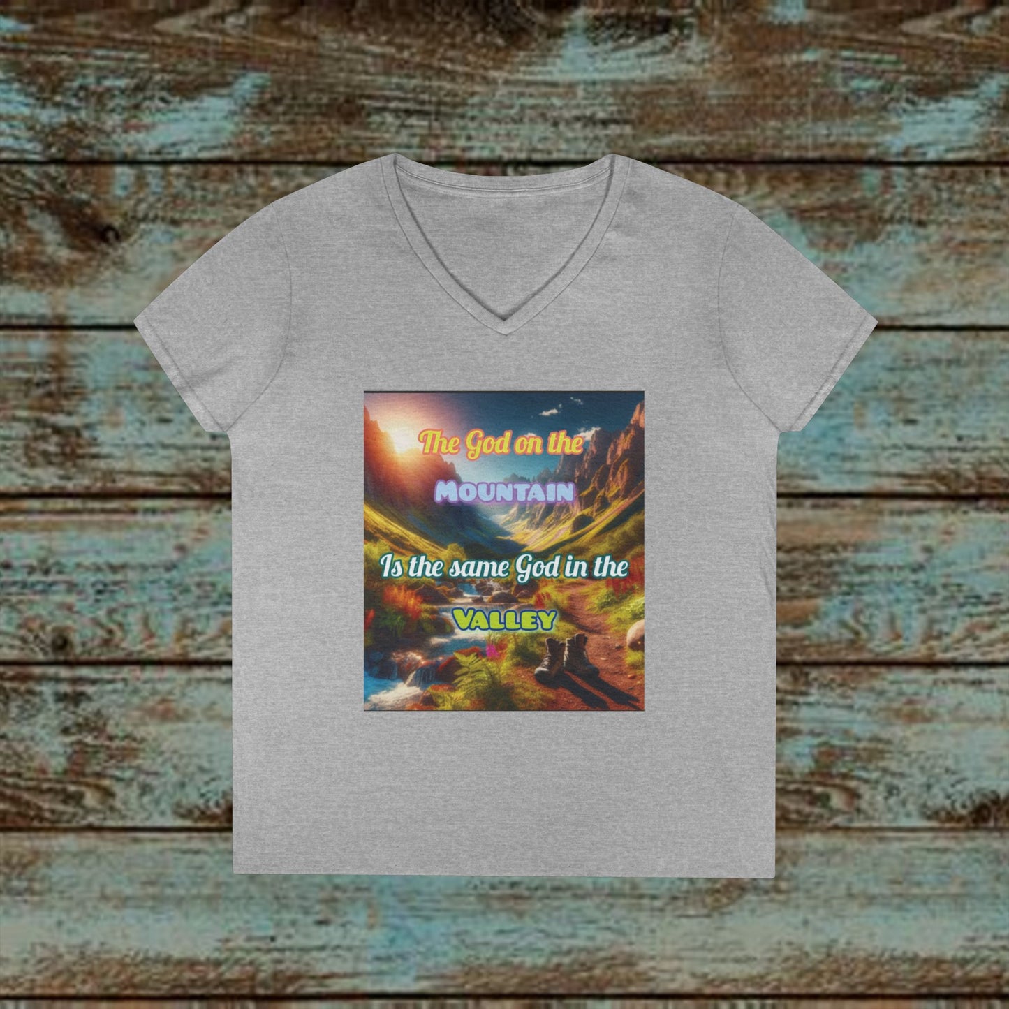 Biblical Ladies' V-Neck T-Shirt - God on the Mountain, Valley Design