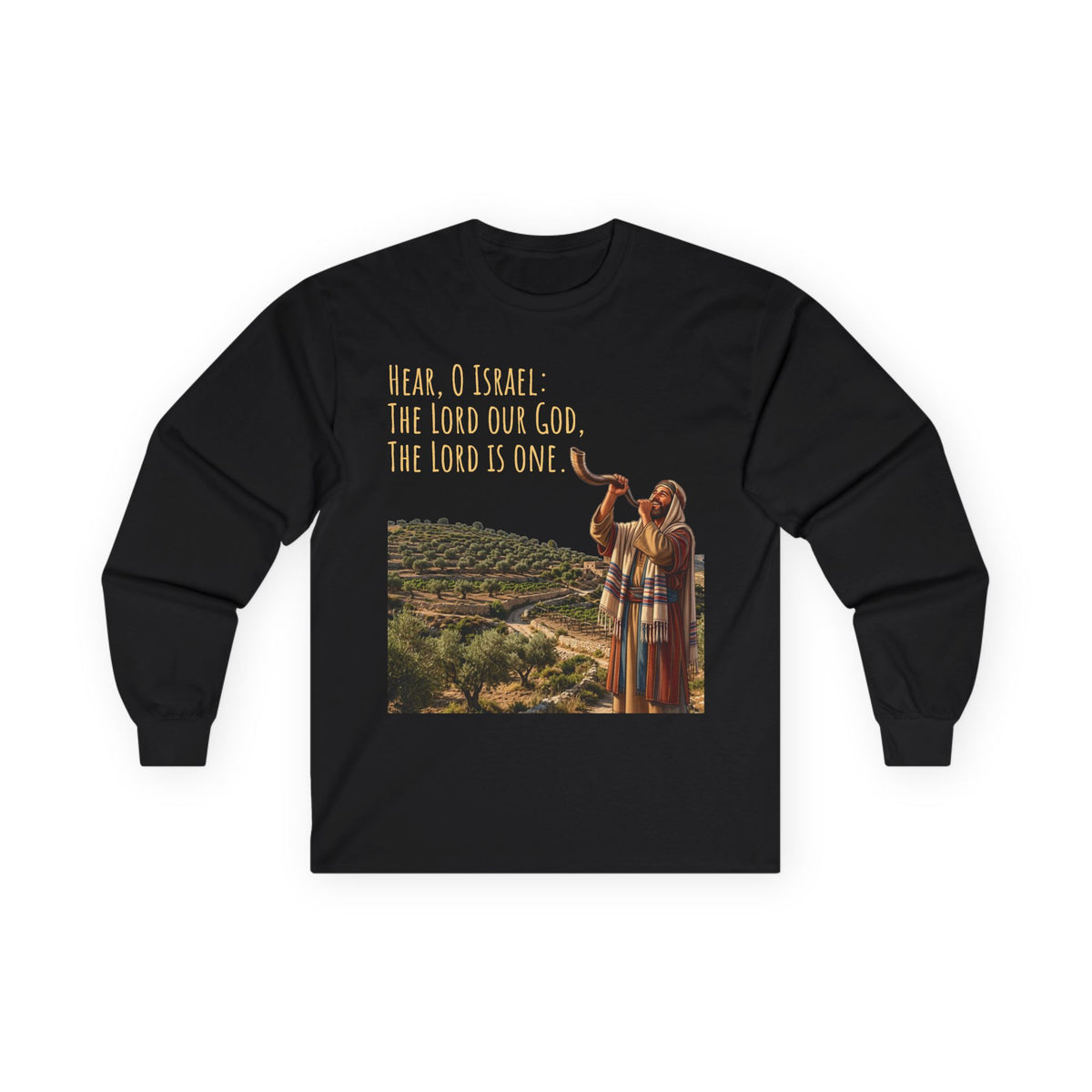 Shema Prayer: Hear, O Israel Long Sleeve T-shirt — Blowing the shofar
