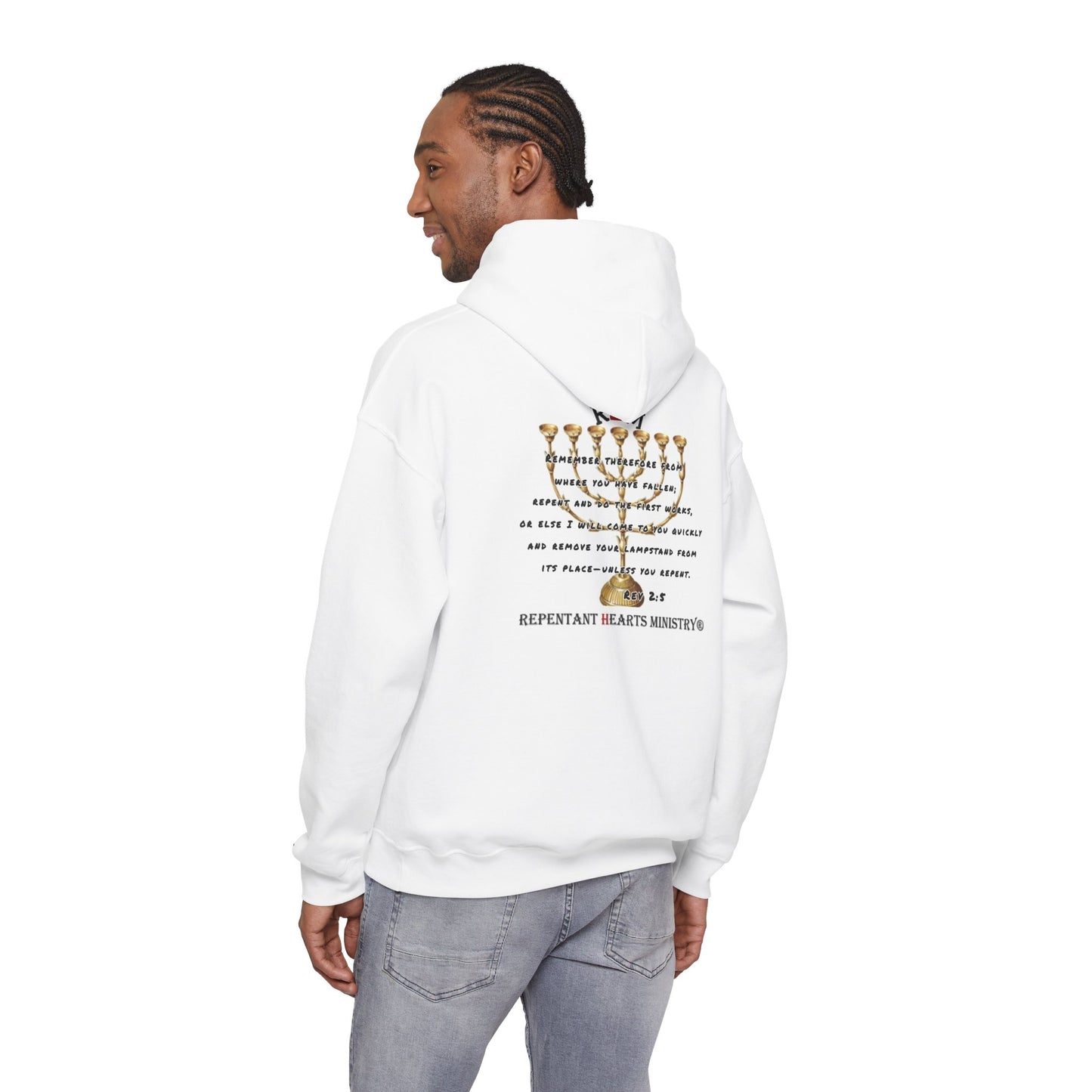 Rev 2:5- Hoodie-Repentant Hearts Ministry Hoodie — RHM Logo & Menorah Script Pullover
