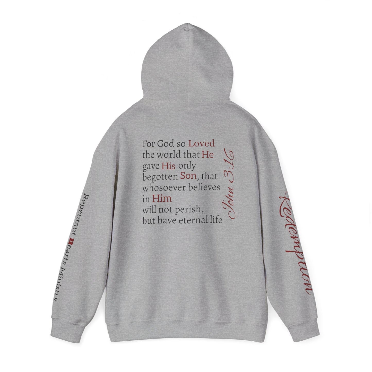 Redemption John 3:16 Hoodie — RHM Pullover with Scripture Back Print