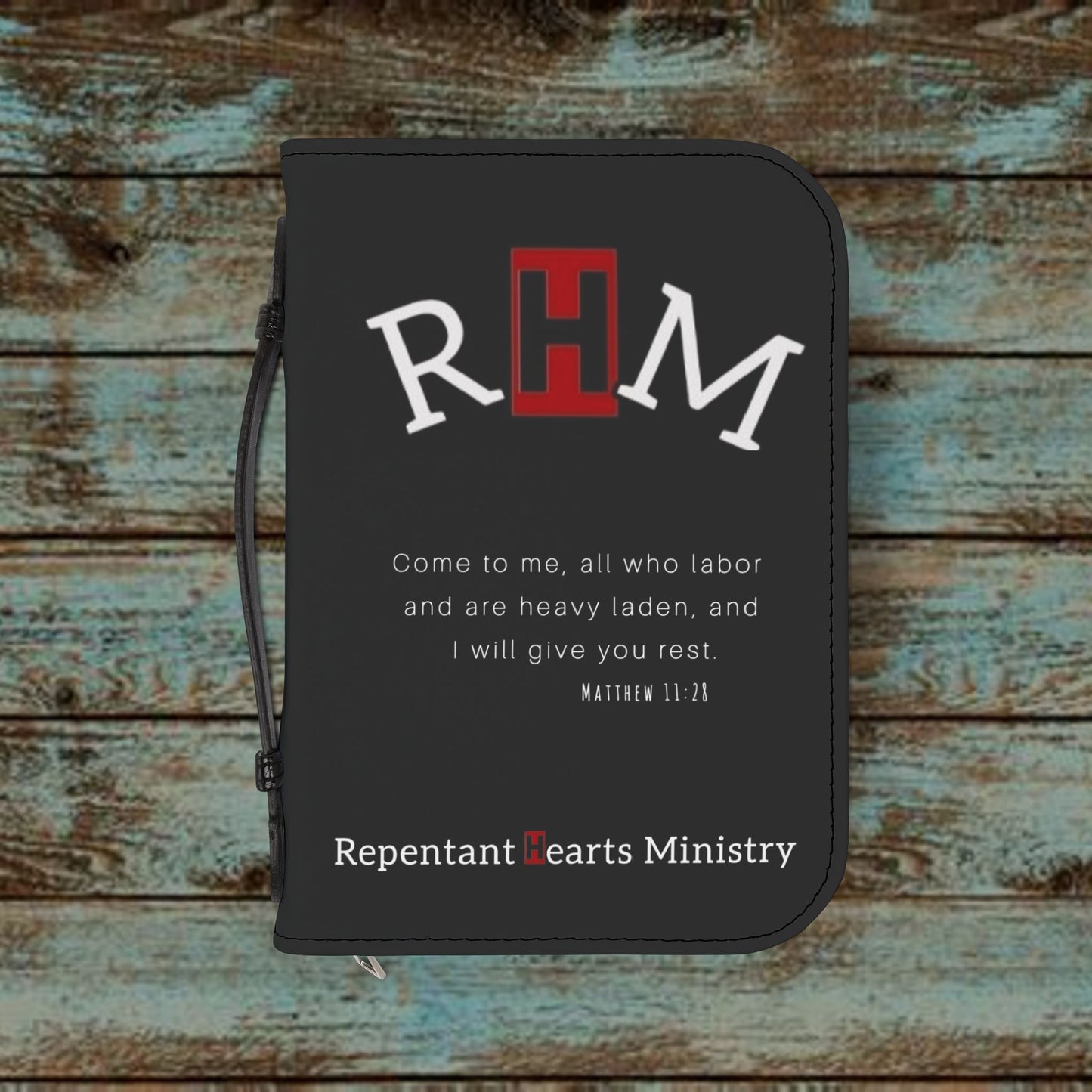 Bible Cover - Repentant Hearts Ministry Zippered Bible Case with RHM Logo & Matthew 11:28 Verse