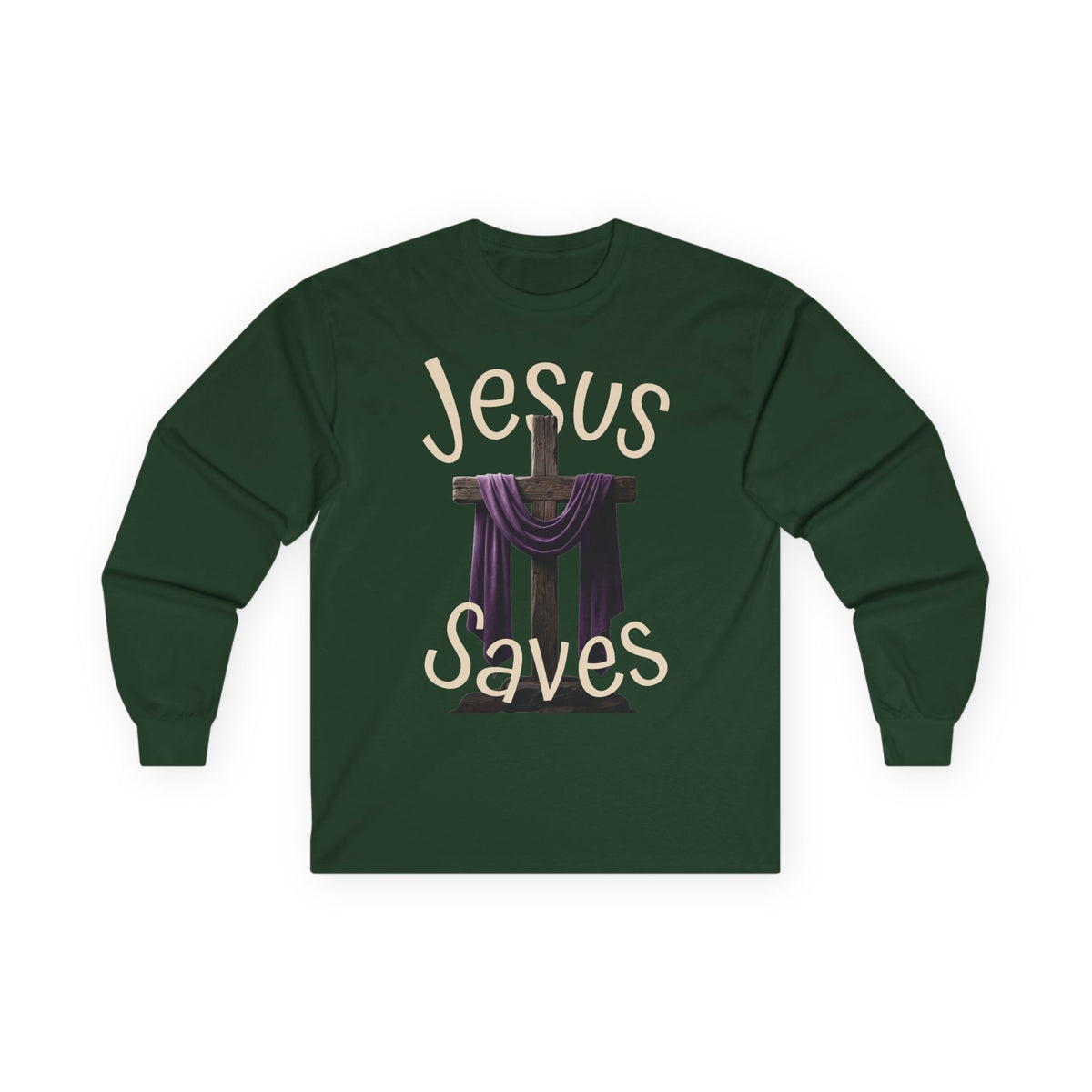 Jesus Saves with Cross image Long Sleeve T-shirt — 1 Cor. 15:3-4 Scripture