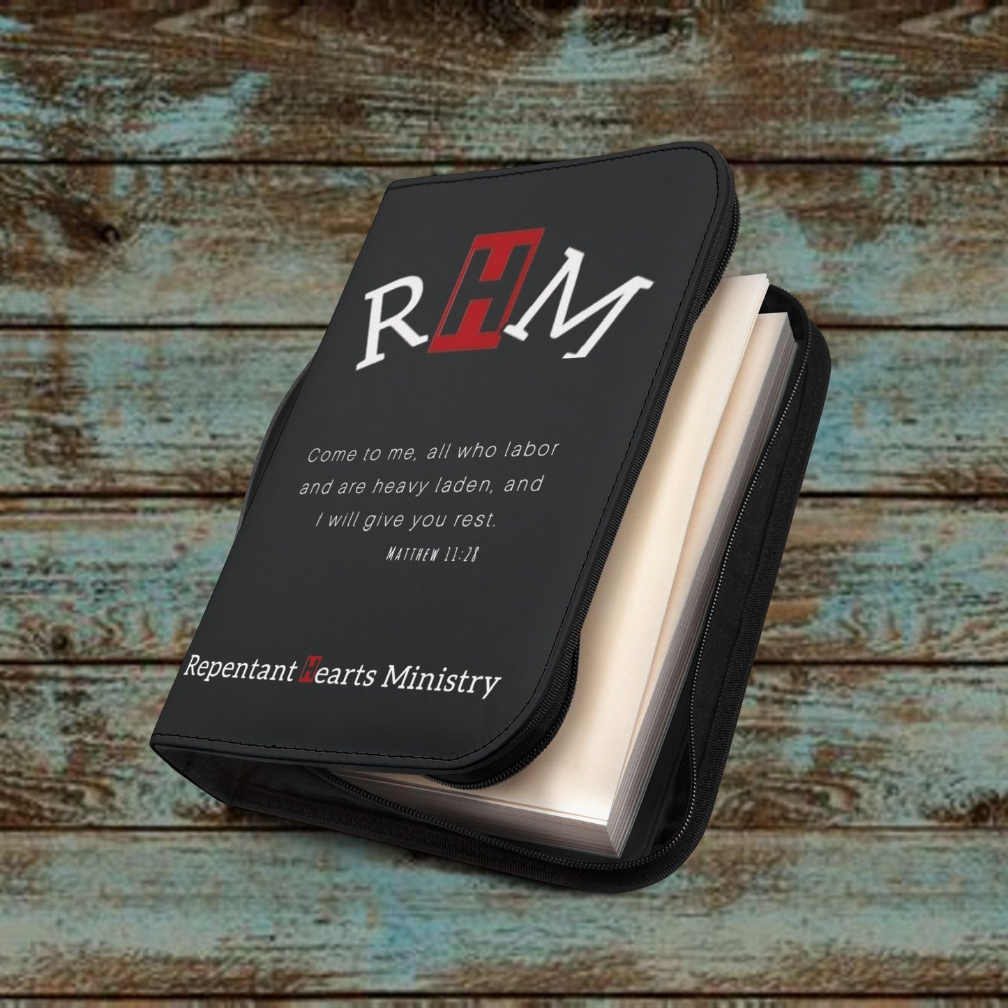 Bible Cover - Repentant Hearts Ministry Zippered Bible Case with RHM Logo & Matthew 11:28 Verse