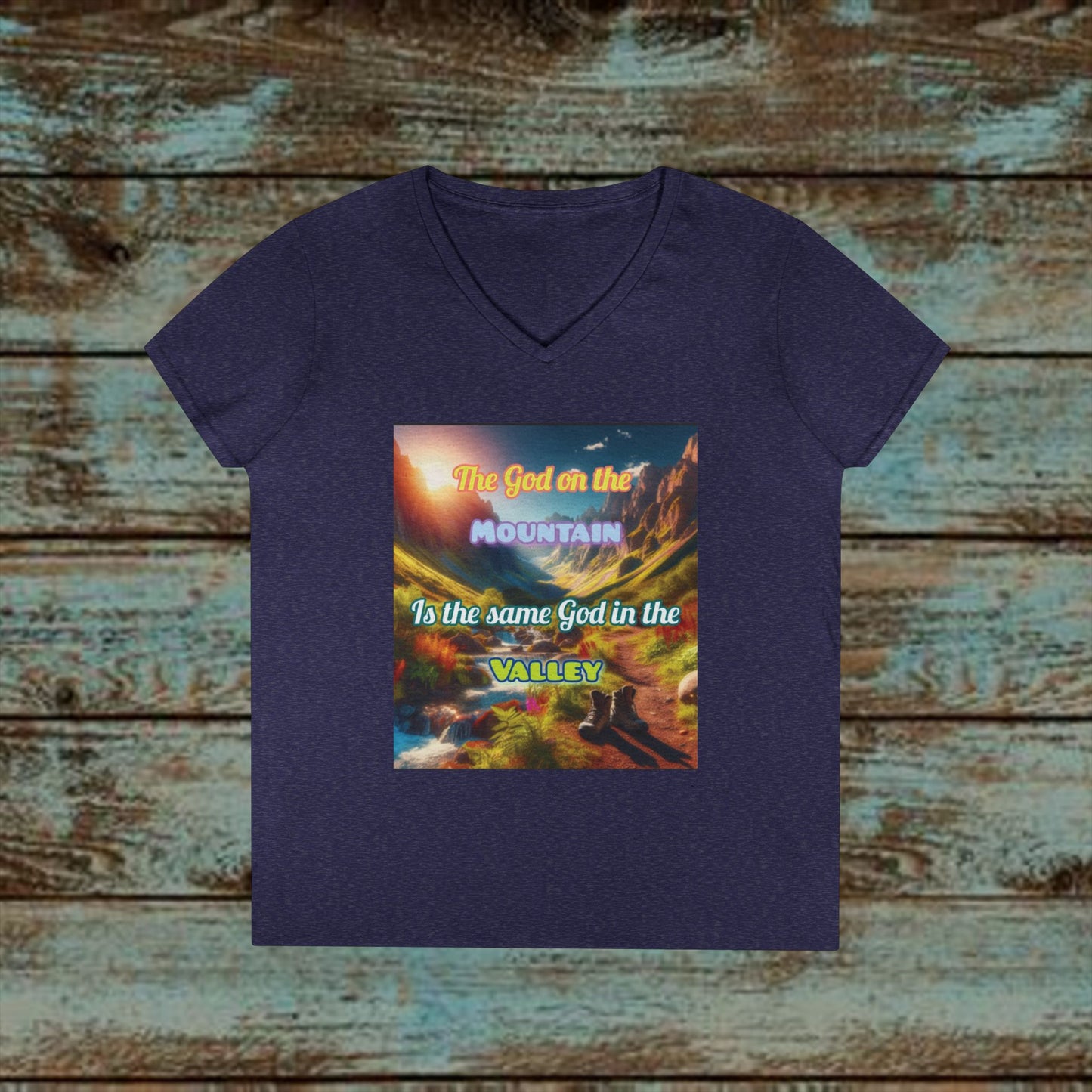 Biblical Ladies' V-Neck T-Shirt - God on the Mountain, Valley Design