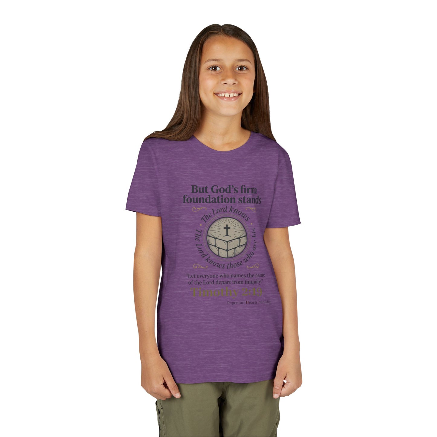 Youth Christian Tee Timothy 2:19 — "But God's Firm Foundation Stands" Scripture Shirt