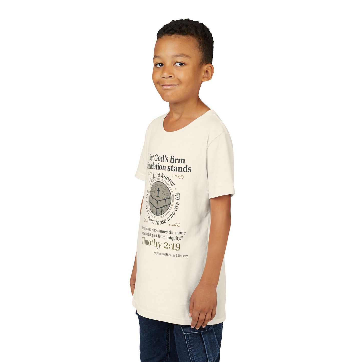 Youth Christian Tee Timothy 2:19 — "But God's Firm Foundation Stands" Scripture Shirt