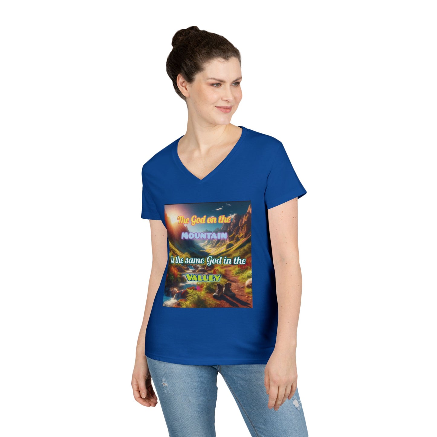 Biblical Ladies' V-Neck T-Shirt - God on the Mountain, Valley Design