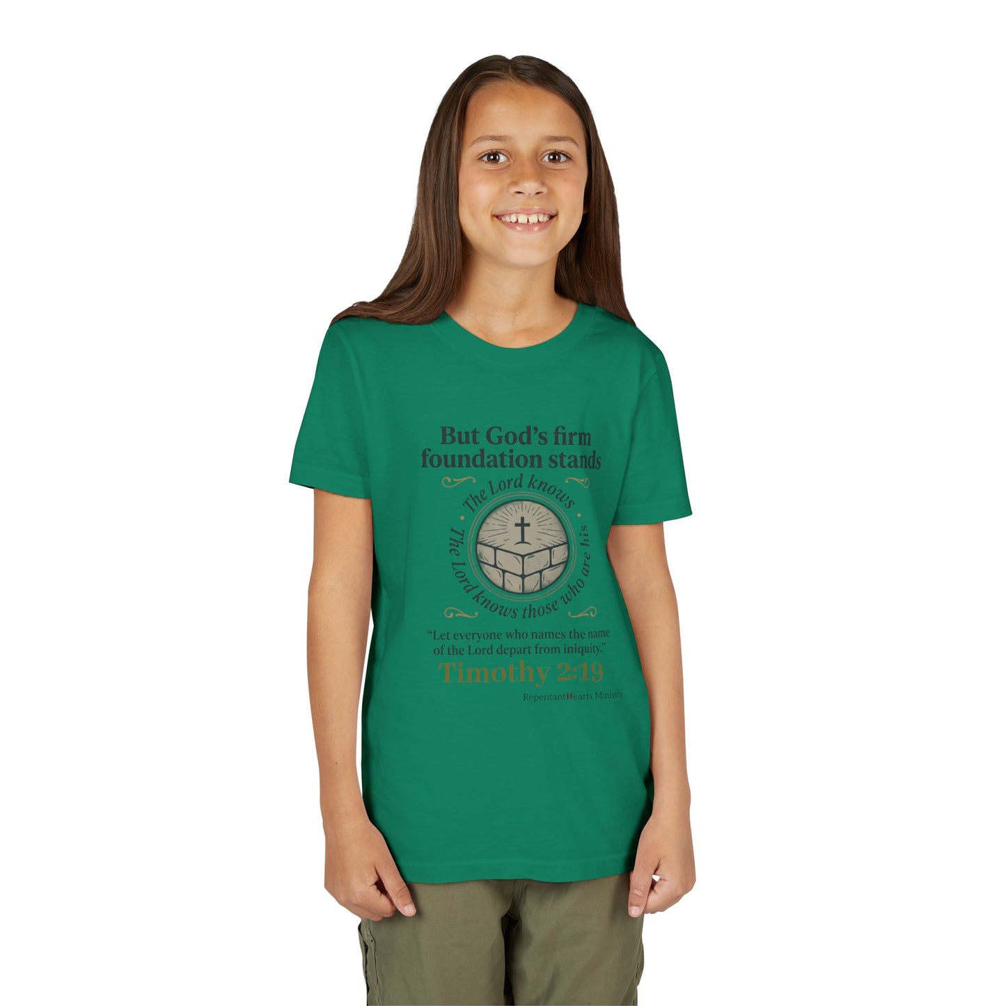 Youth Christian Tee Timothy 2:19 — "But God's Firm Foundation Stands" Scripture Shirt