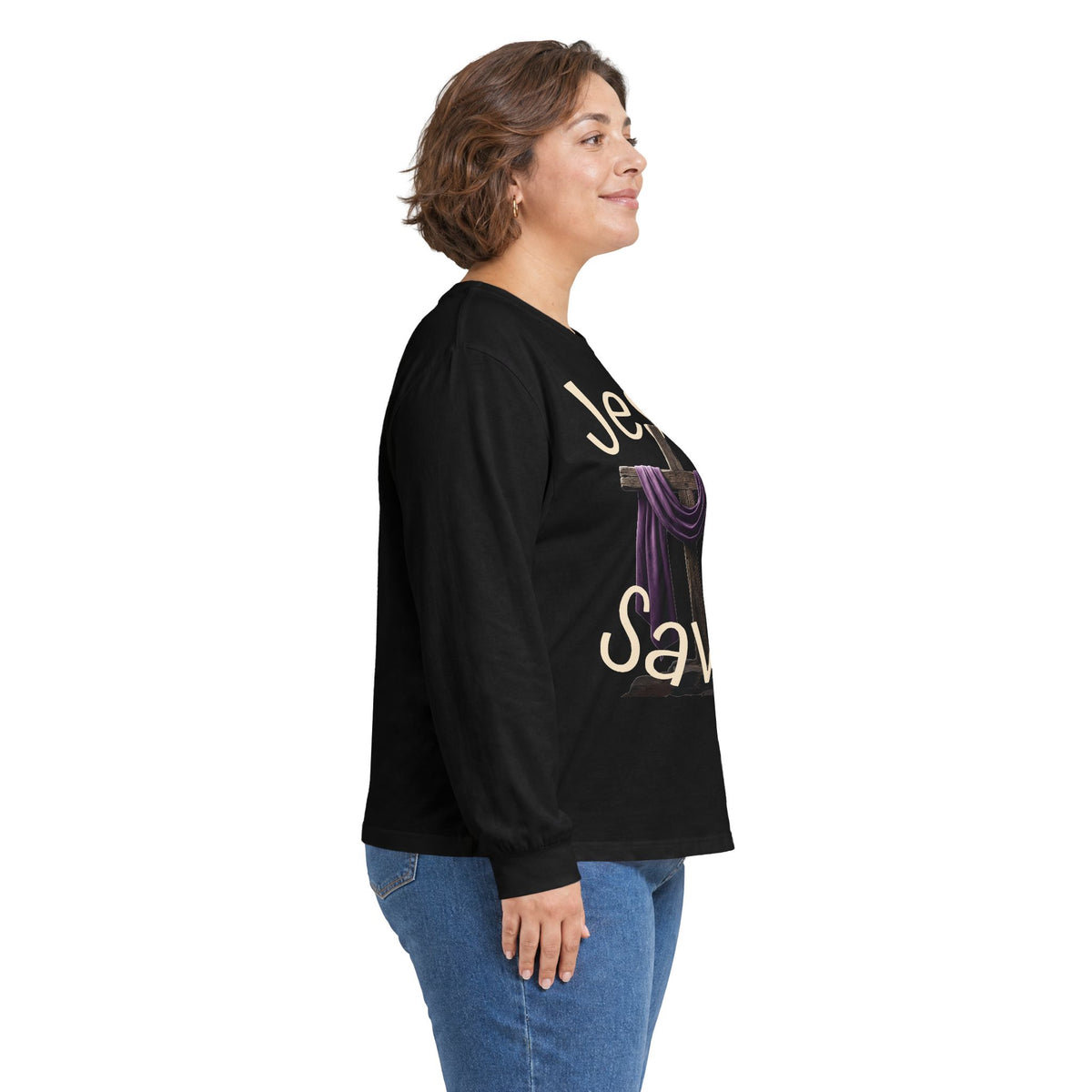 Jesus Saves with Cross image Long Sleeve T-shirt — 1 Cor. 15:3-4 Scripture