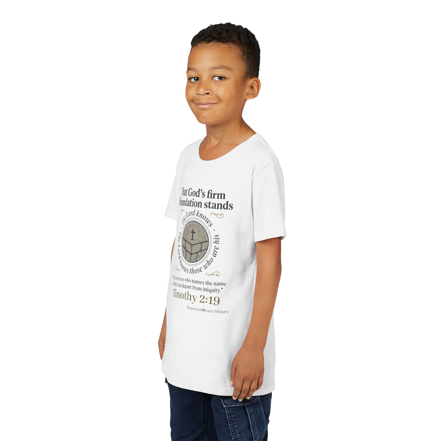 Youth Christian Tee Timothy 2:19 — "But God's Firm Foundation Stands" Scripture Shirt