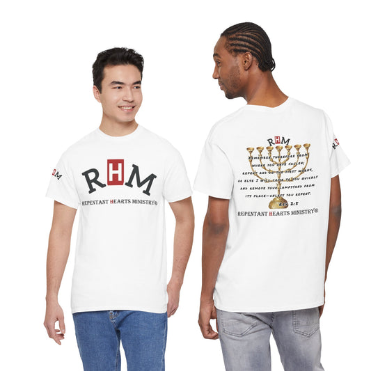 Rev 2:5 T-Shirt- Repentant Hearts Ministry Tee — RHM Logo & Menorah Back Print