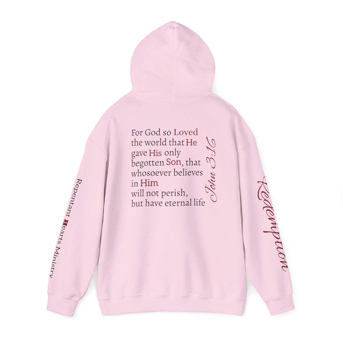 Redemption John 3:16 Hoodie — RHM Pullover with Scripture Back Print